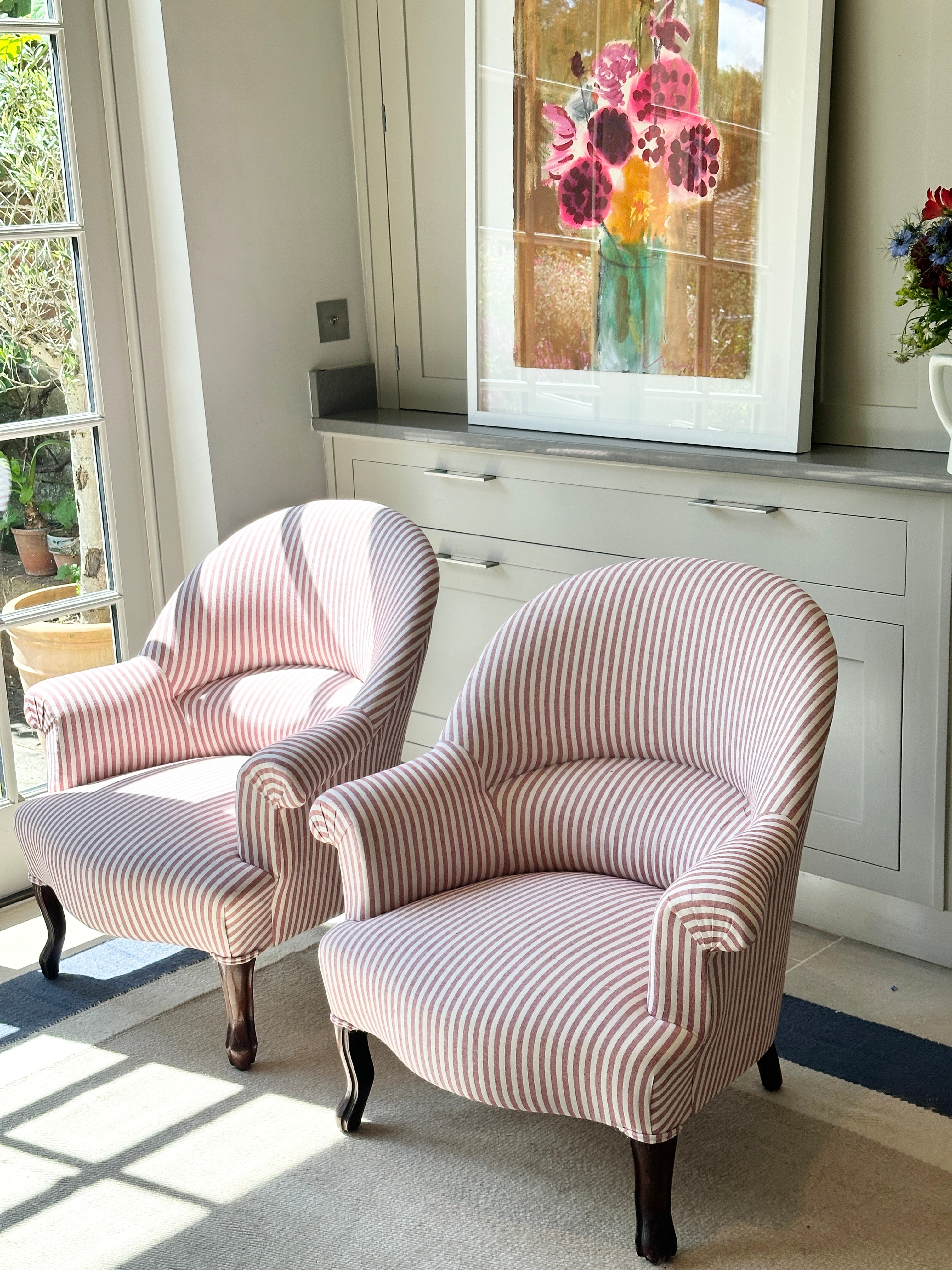 French Crapaud Tub Chairs in Red & White ticking.