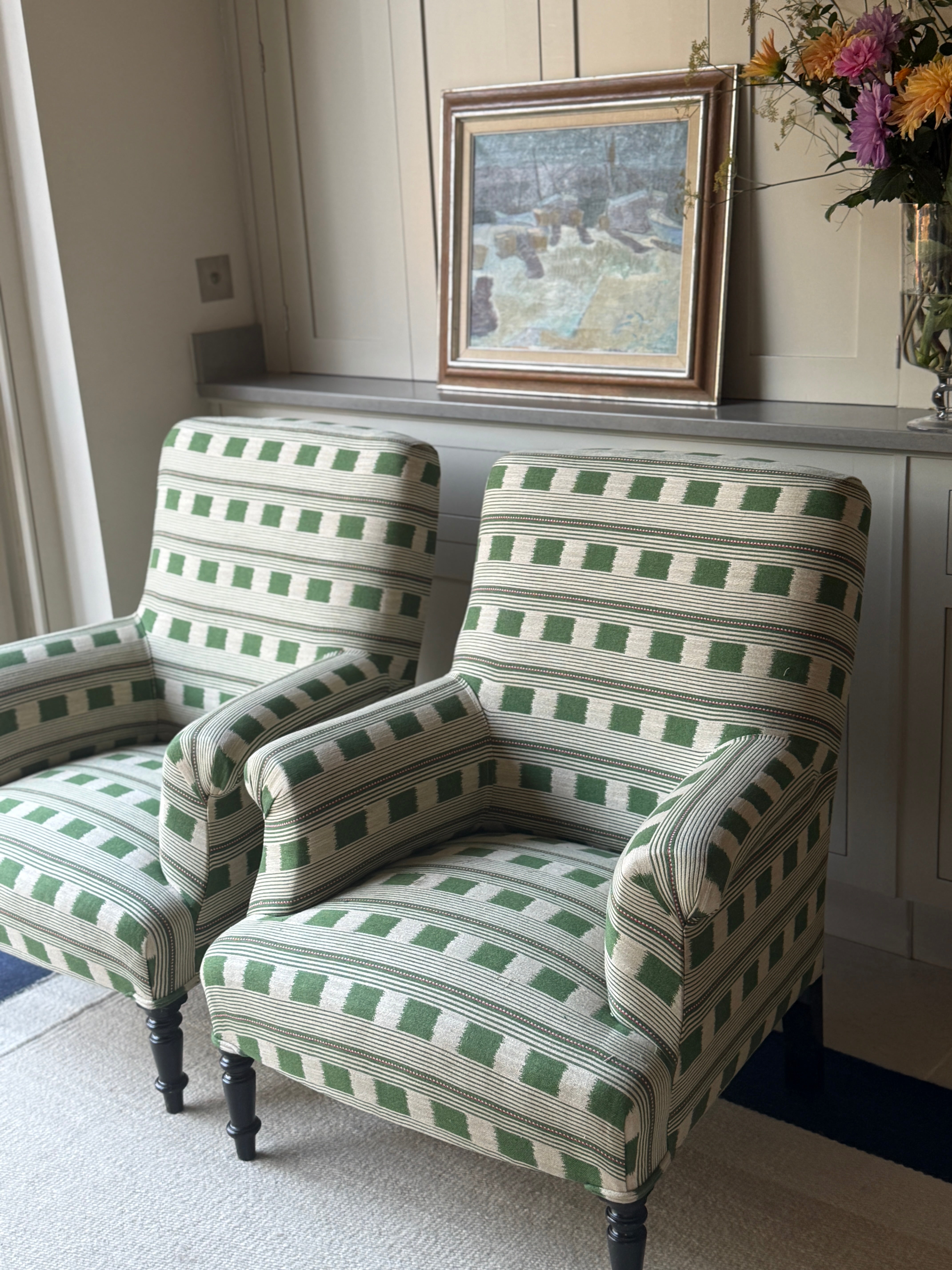 Pair of French Squareback Armchairs in Christopher Farr - Lost and Found