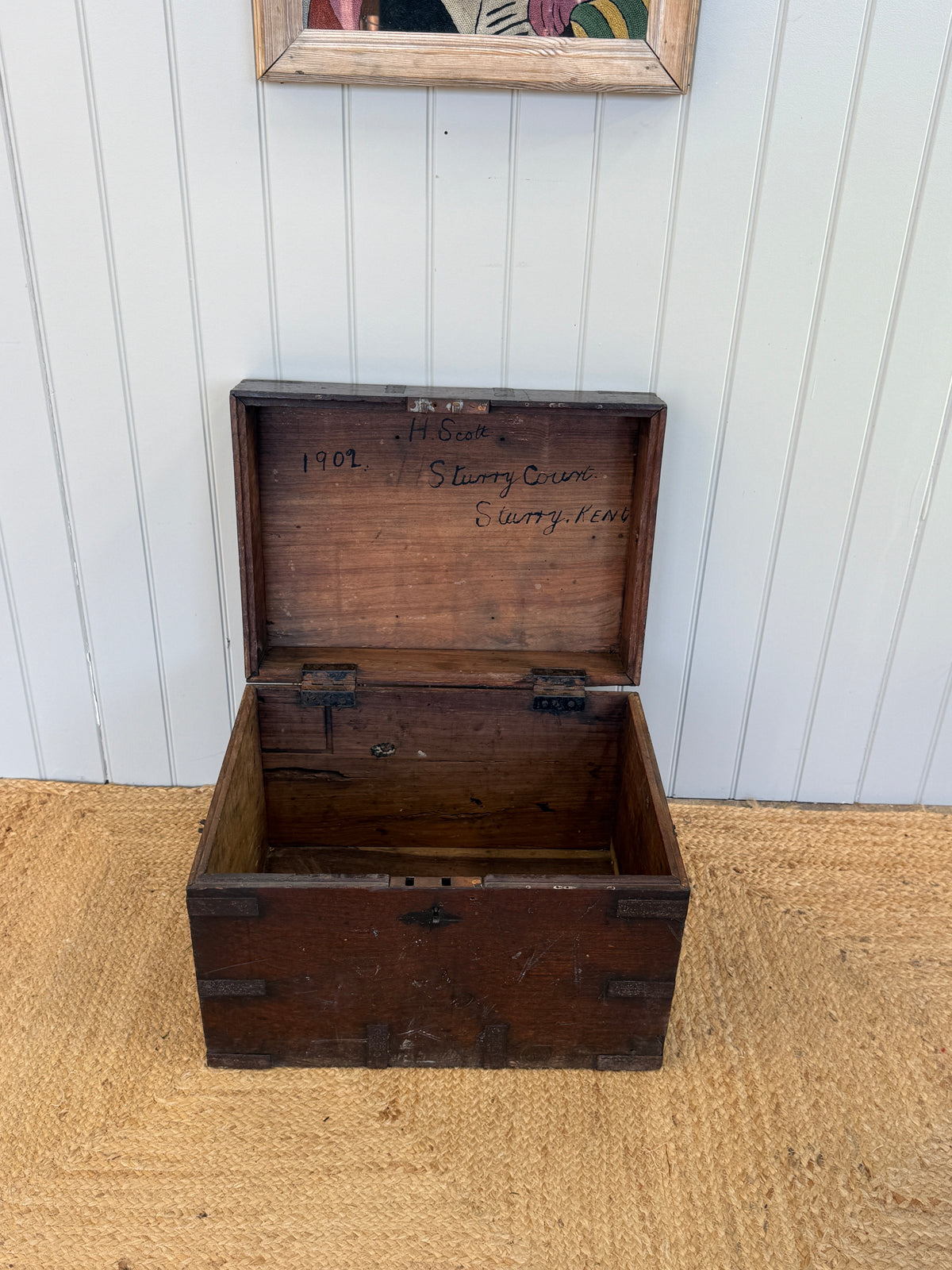 Antique Teak Strongbox with Iron Bound Corners and Inscribed Lid