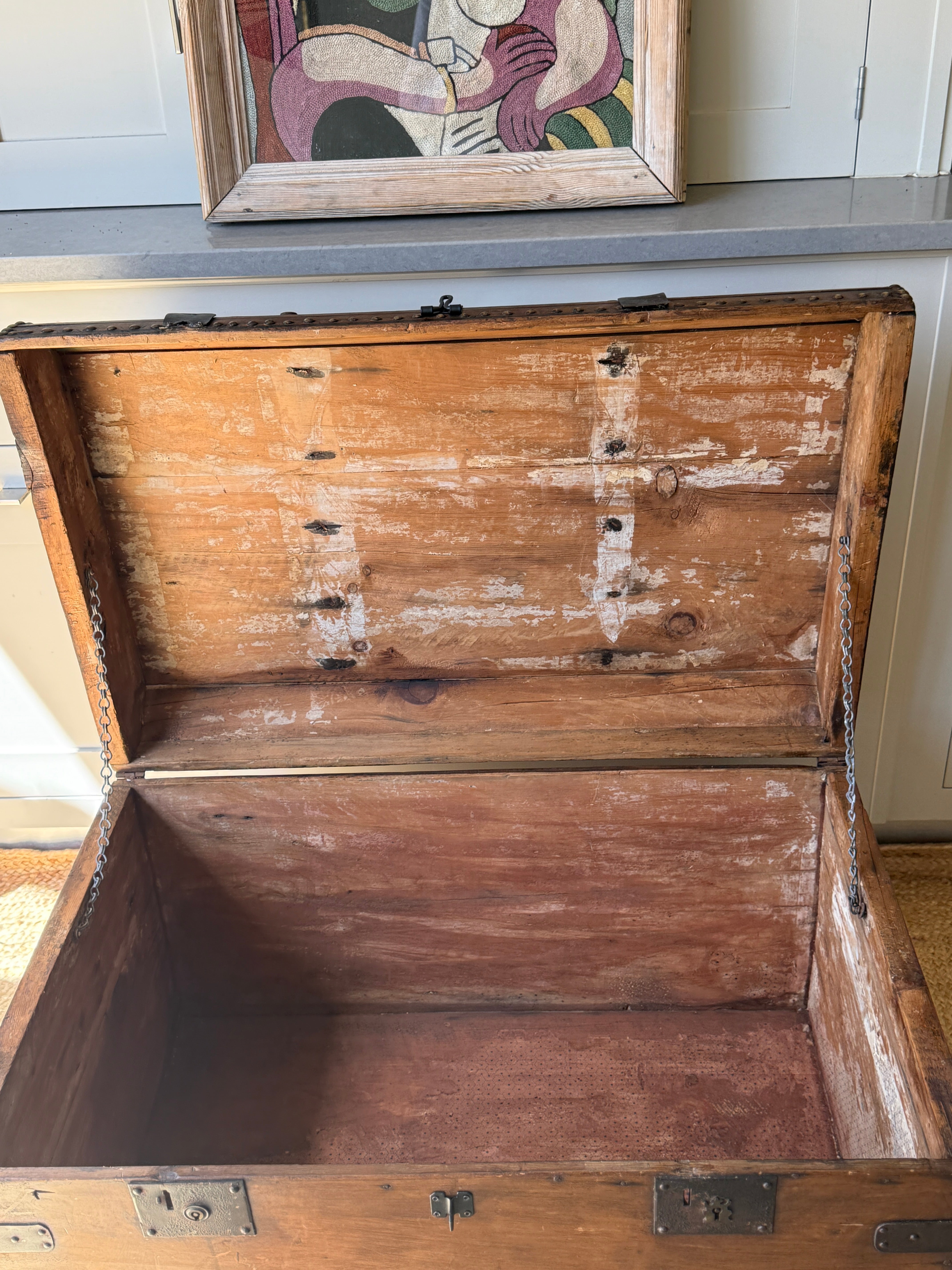 Large Antique Pine Truck with Brass Studs and Rounded Edges