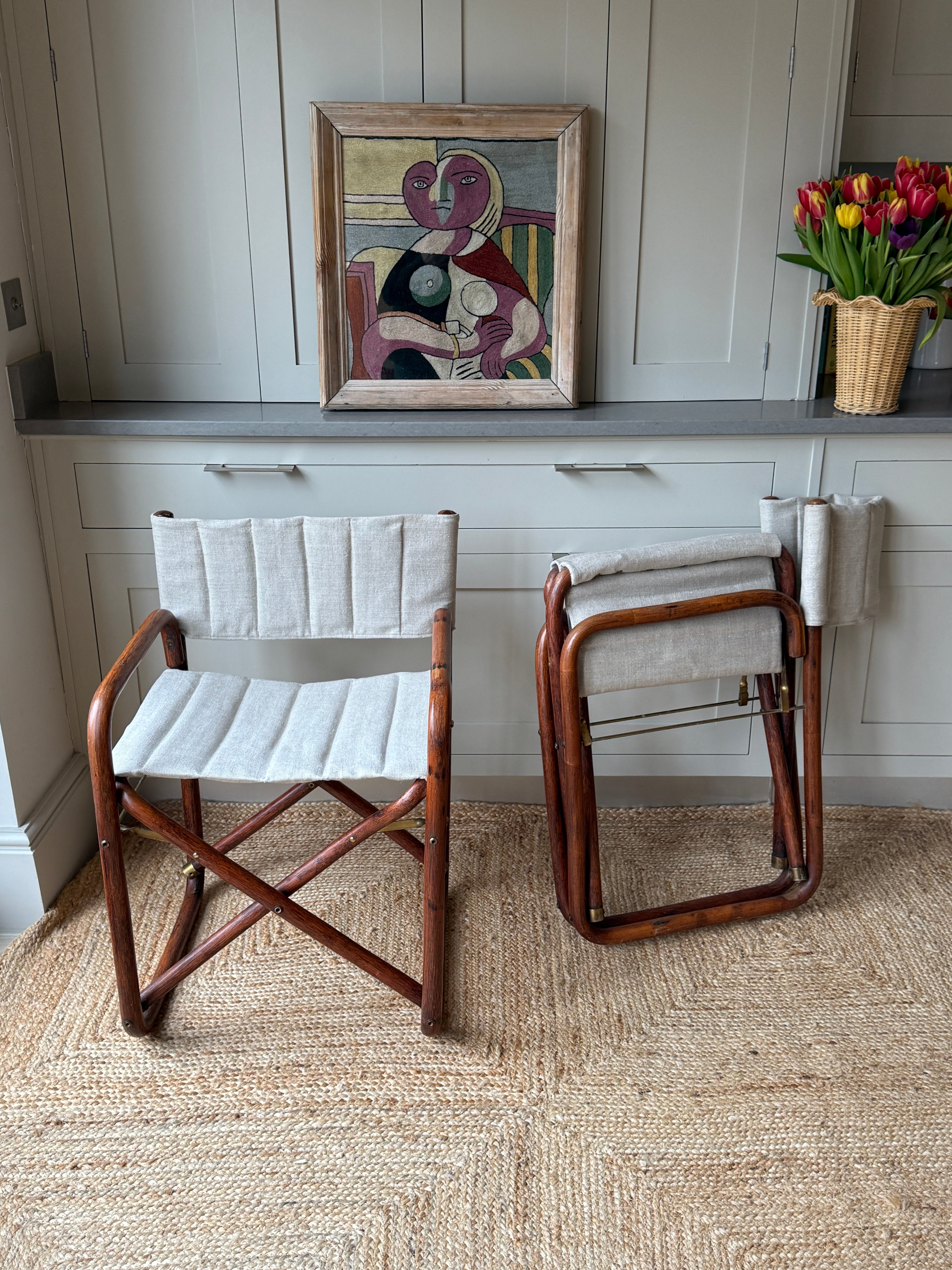 Pair of Italian Rattan and Brass Foldable Campaign Chairs