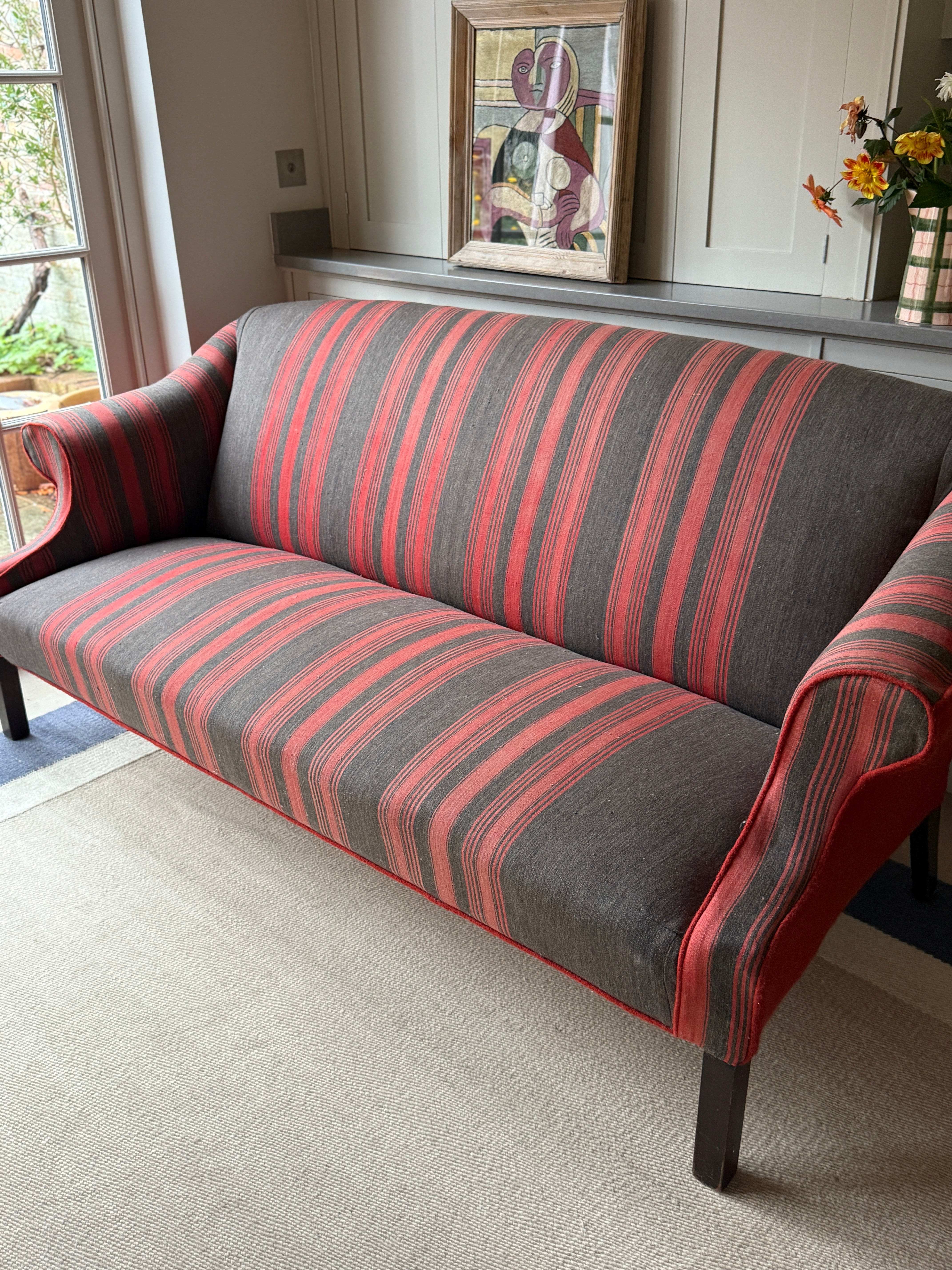Large Antique English Sofa upholstered in an French Antique Textile