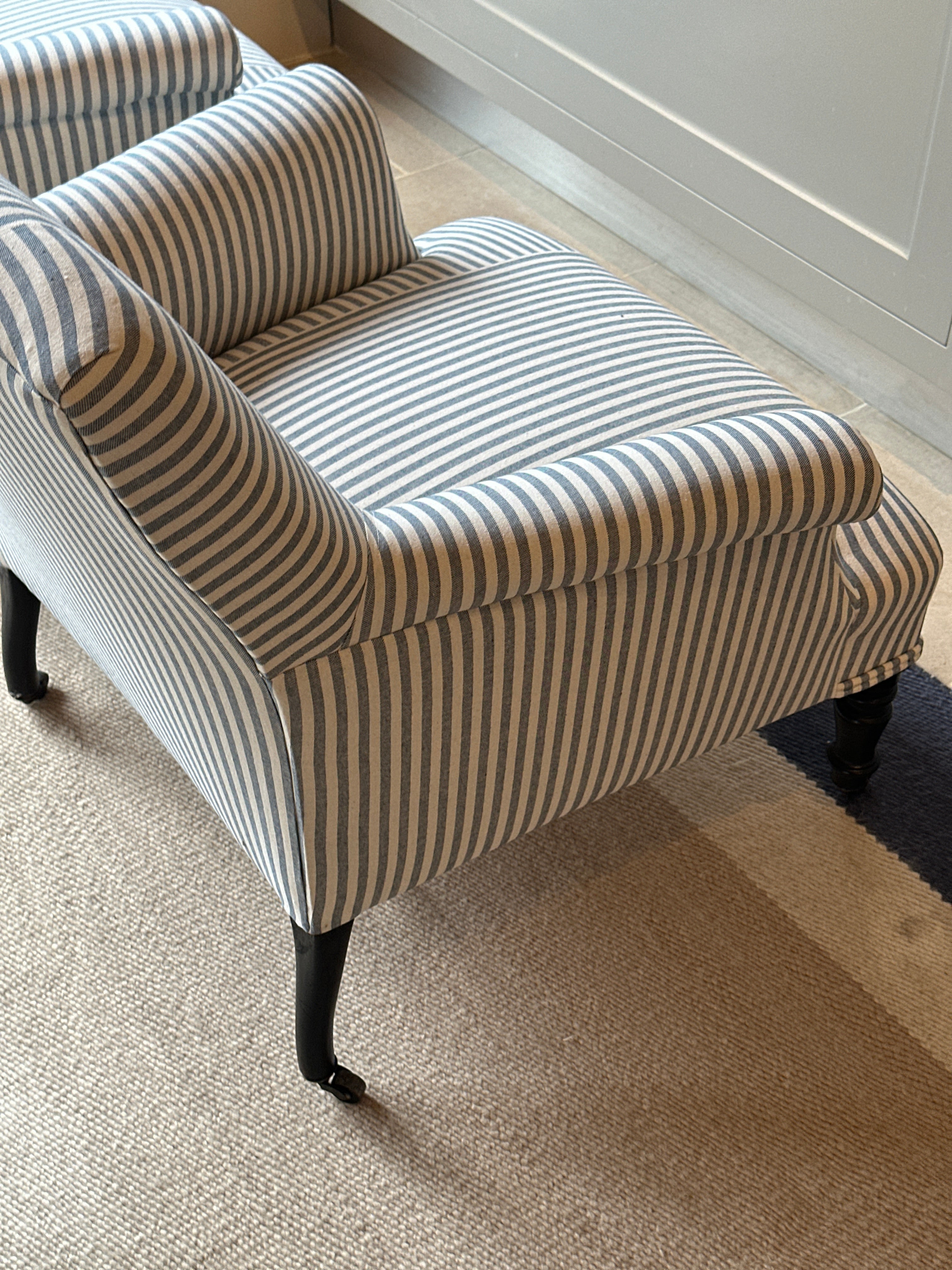 Small Napoleon III Squareback Armchairs in blue ticking