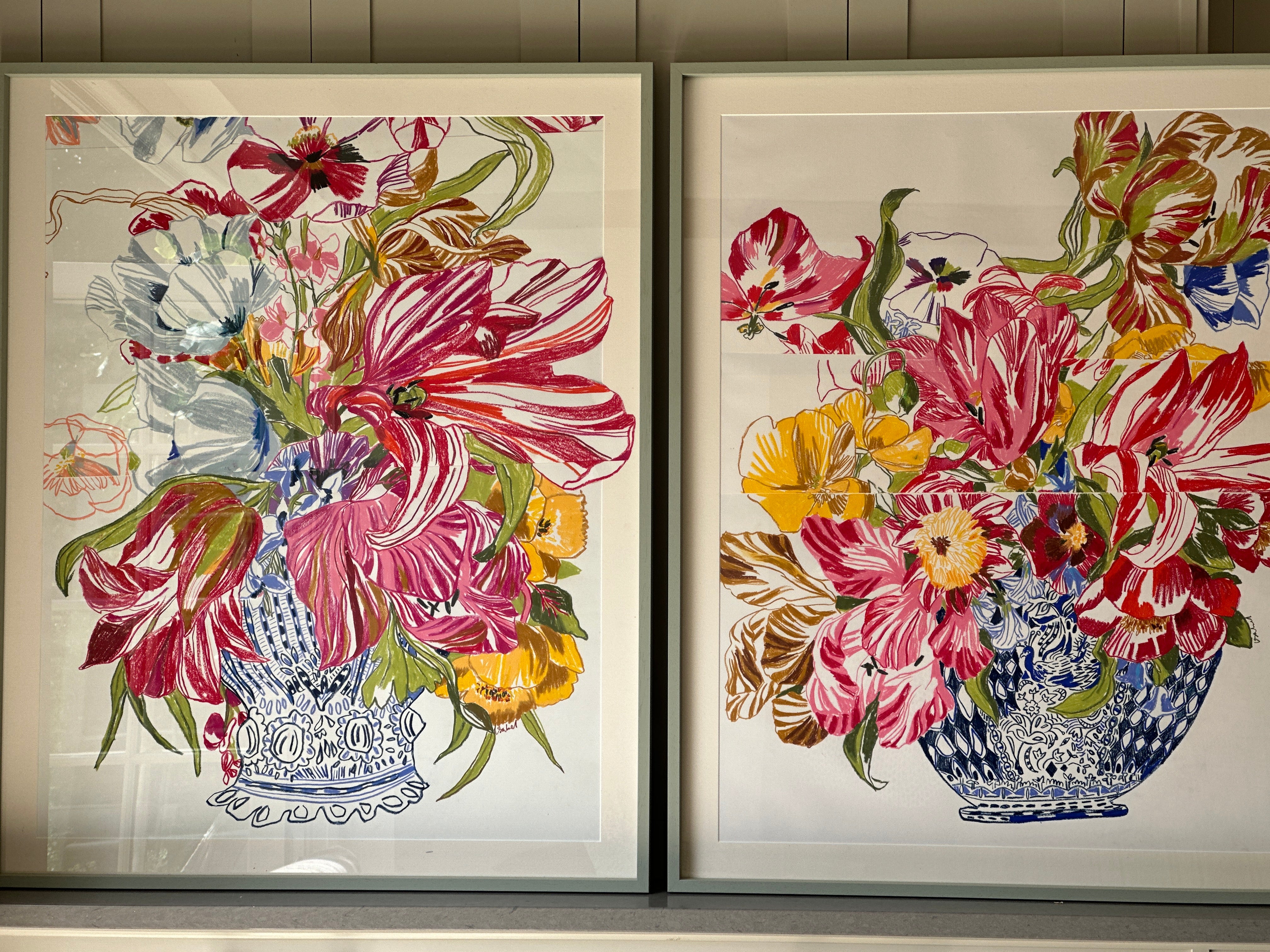 Ochre and Red Tulips - Delft Pot Oil Pastel Collaged by Isabel Fishlock