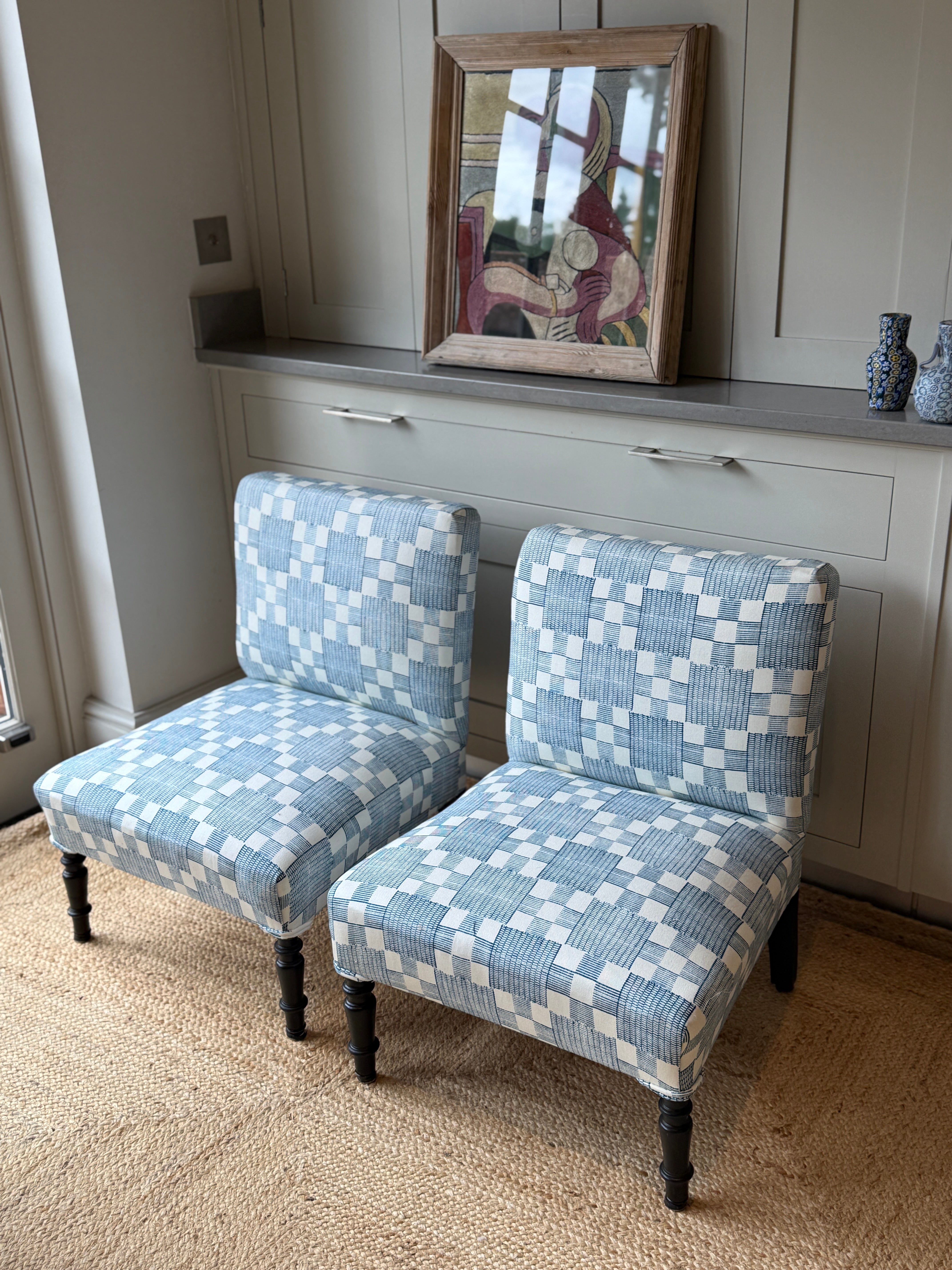 Pair of French Slipper Chairs in Jennifer Shorto Petrol Blue Panama