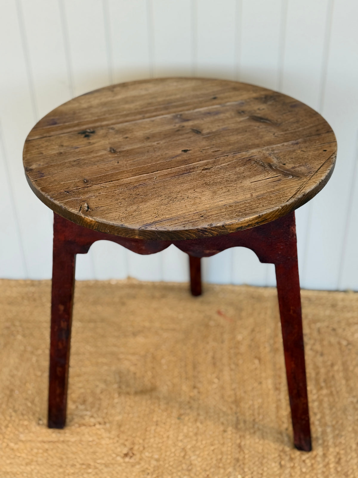Antique Pine Cricket Table with Red Painted Base