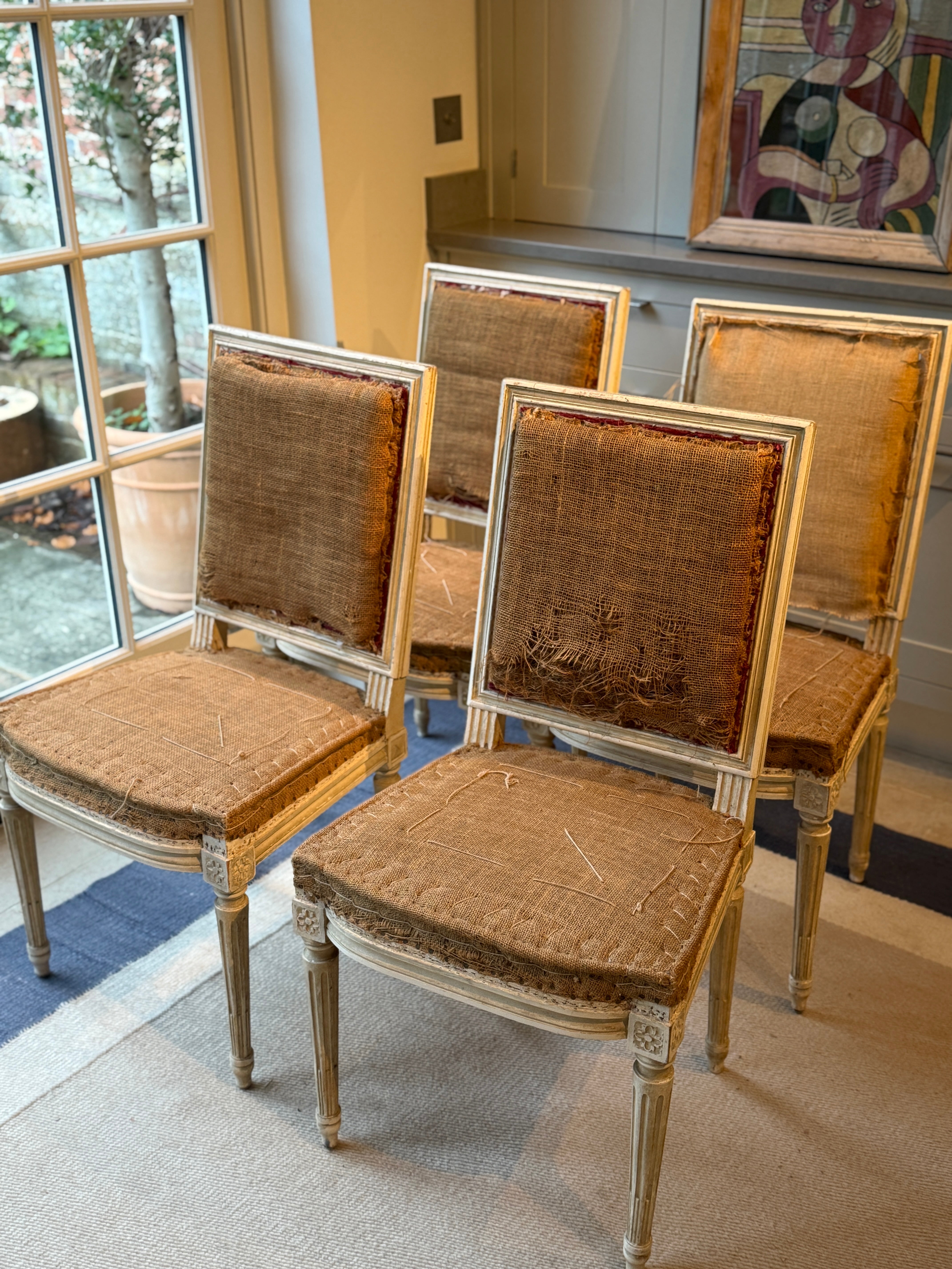 Set of Four French Chairs with Hessian Seats and Back
