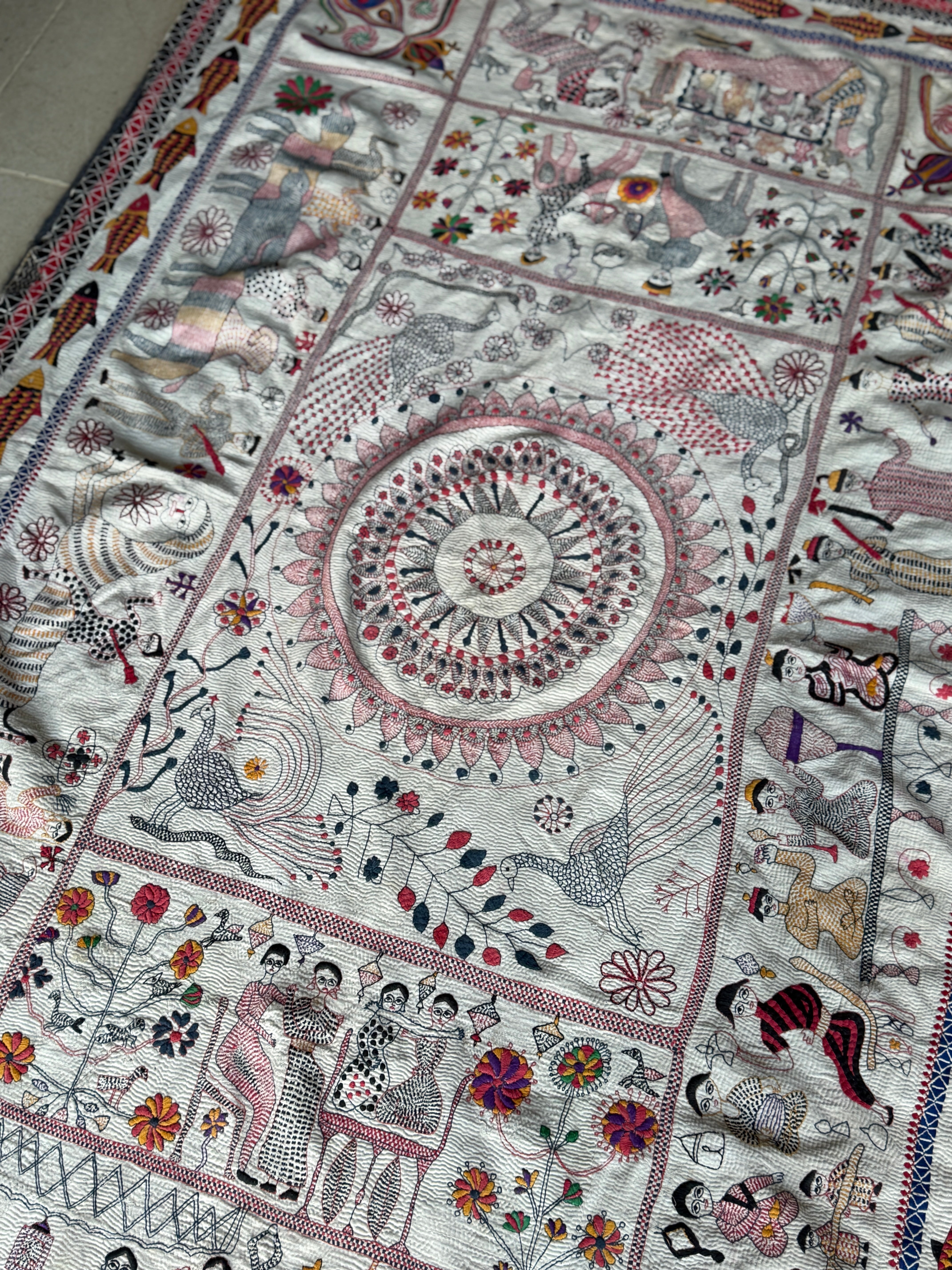 Rare Bengali Nakshi Kantha with Fish Border c late 19th Century