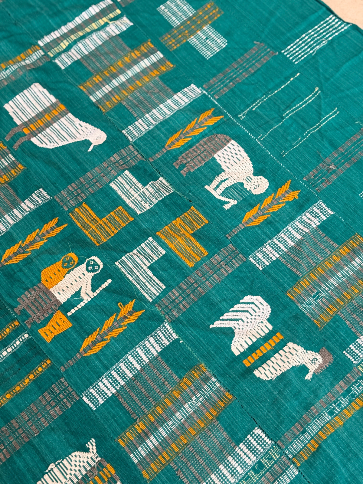 Senufo Hand-Woven Cotton Textile, Teal Green with Figurative Motifs
