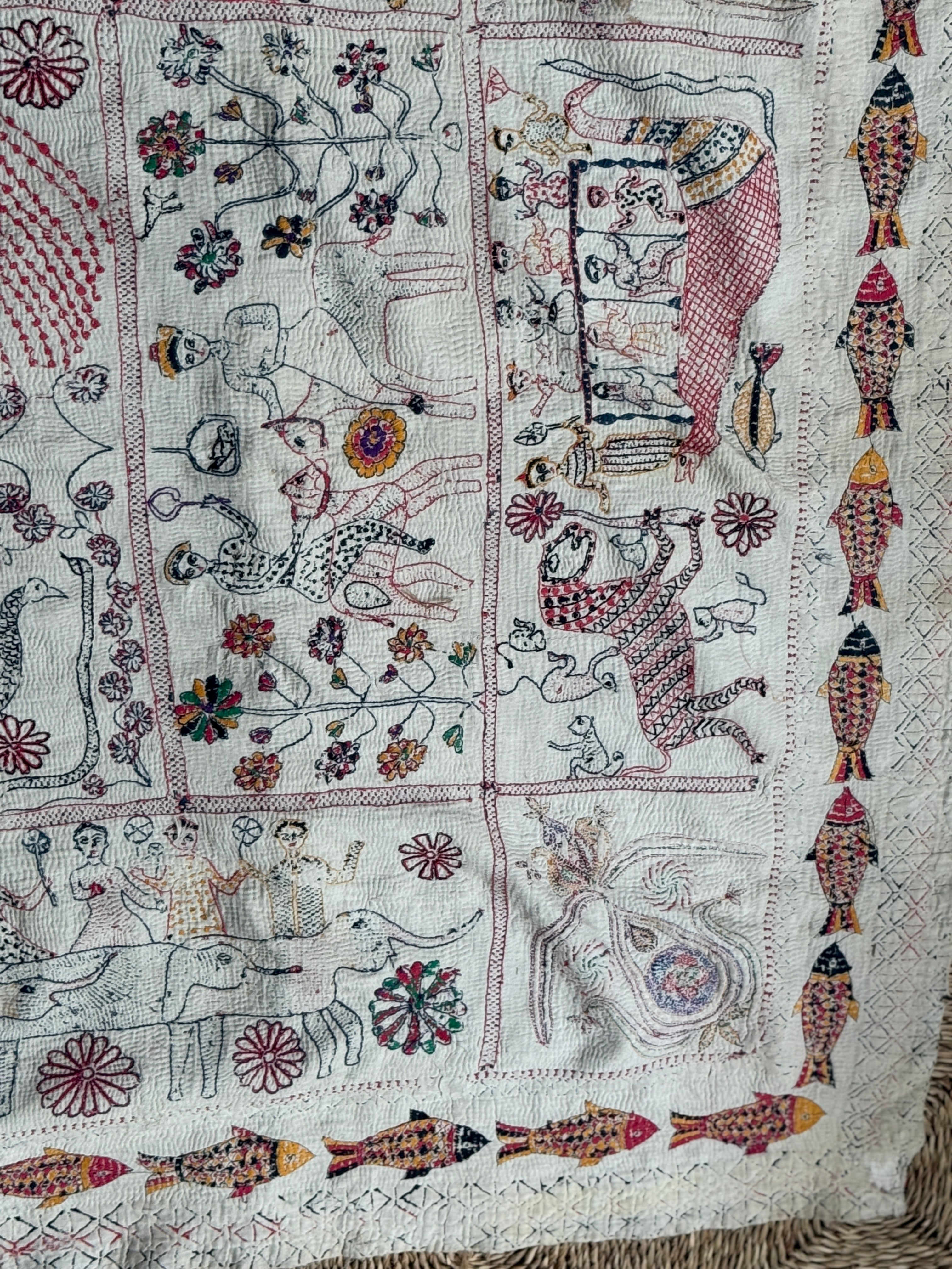 Rare Bengali Nakshi Kantha with Fish Border c late 19th Century