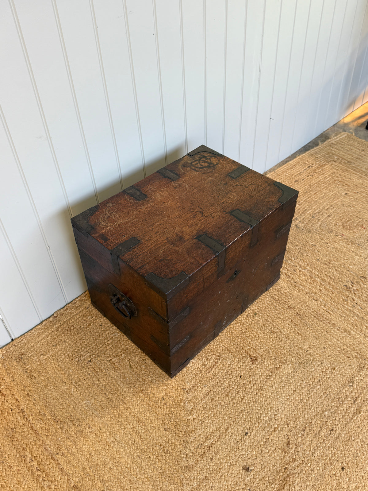 Antique Teak Strongbox with Iron Bound Corners and Inscribed Lid