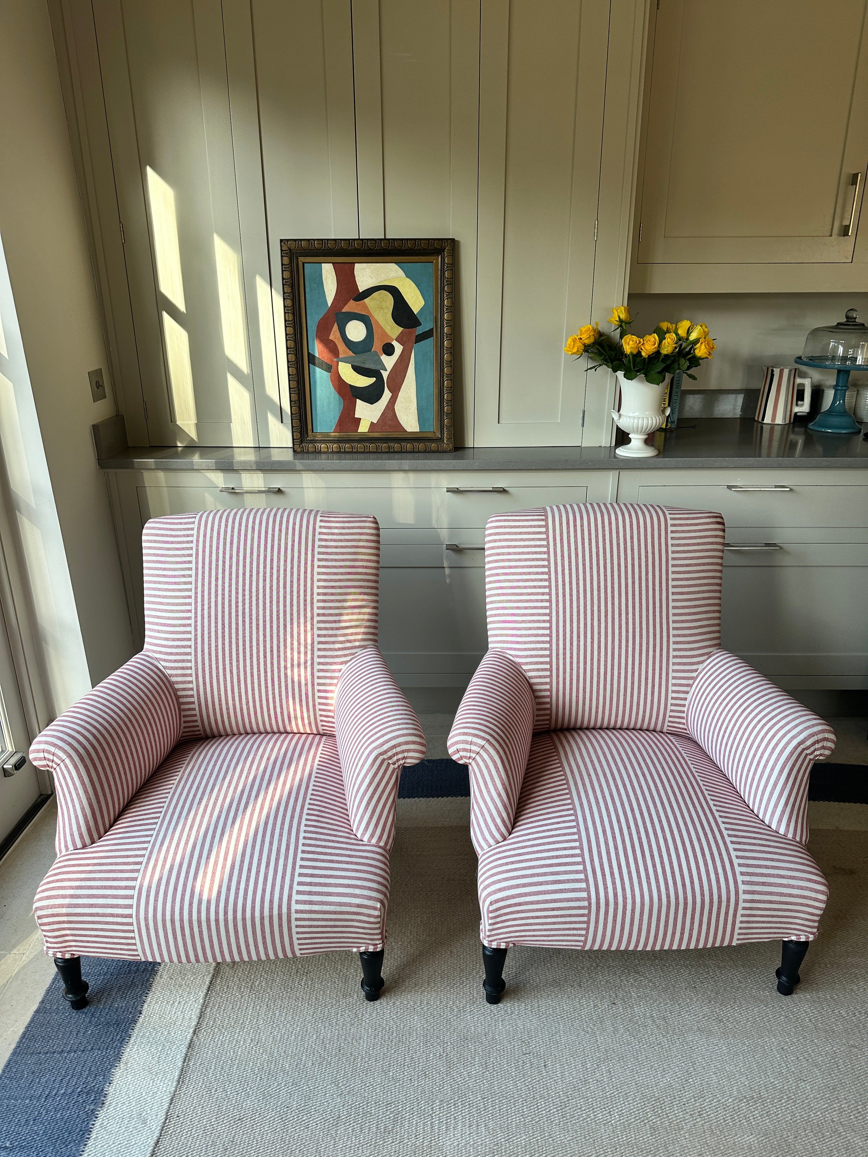 Pair of Napoleon III Squareback chairs in Red ticking Criss Cross