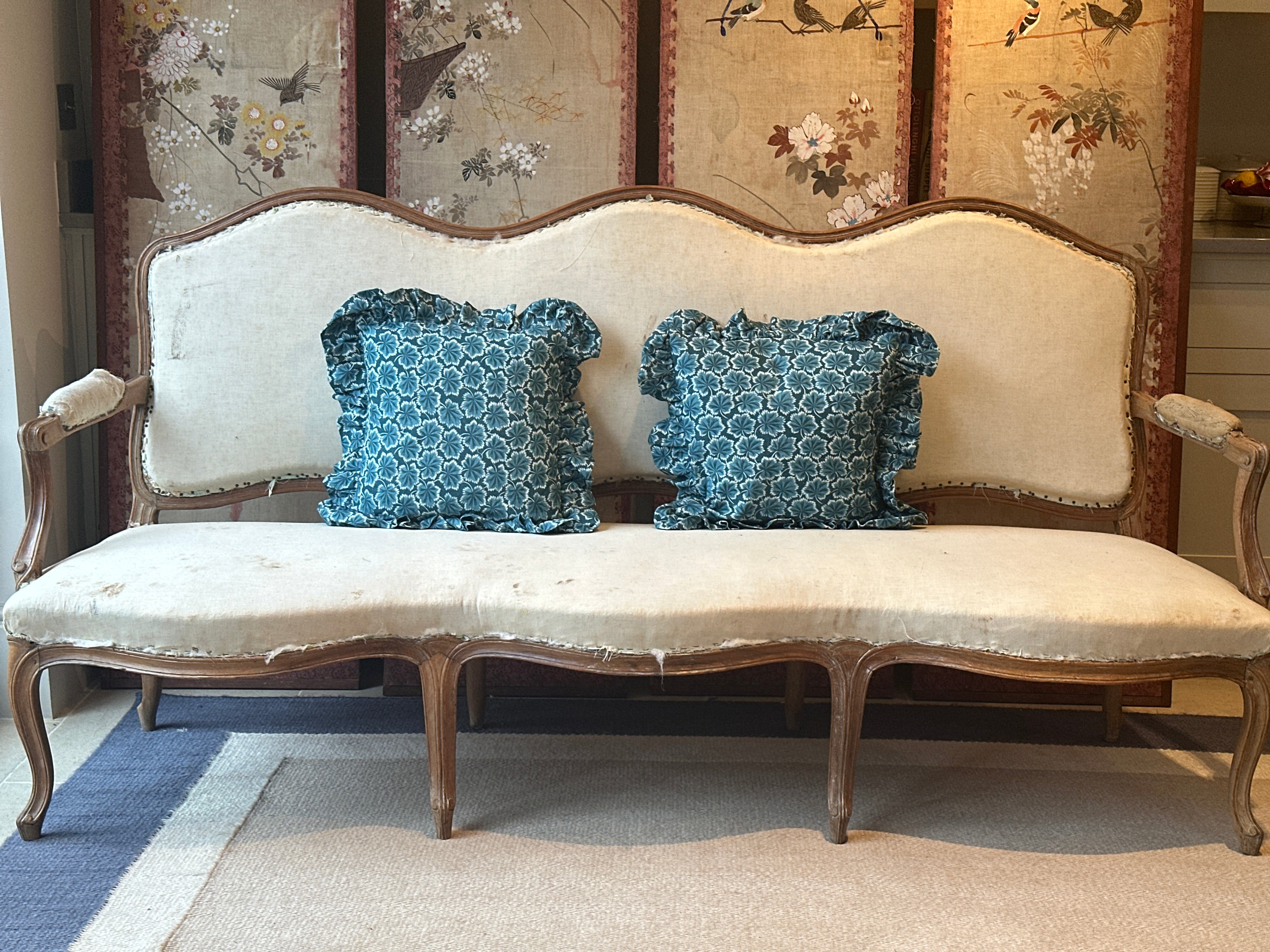 Large French Fauteuil Sofa reupholstered in Le Manach Balmoral Blue (Pierre Frey)