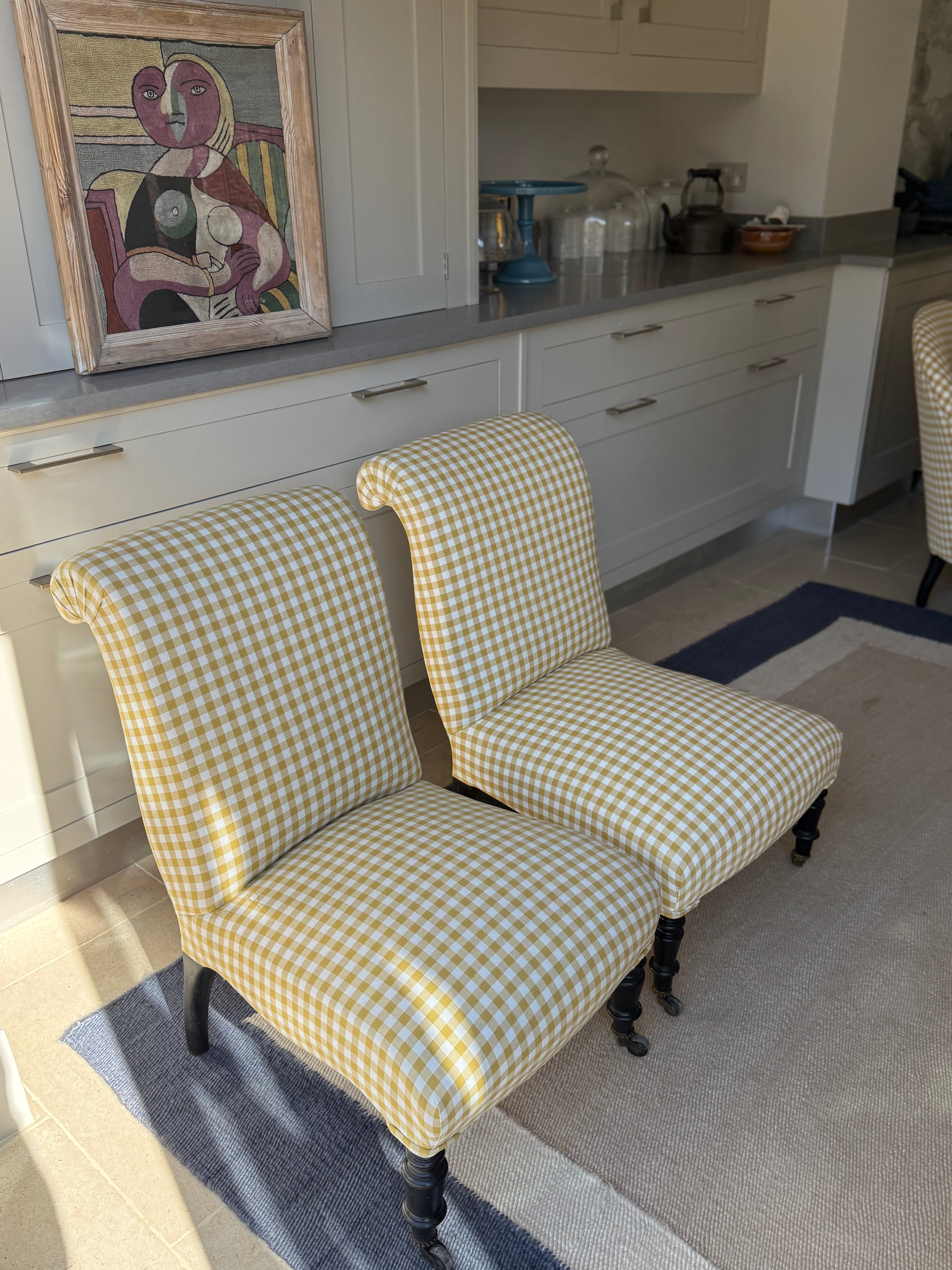 Pair of French Slipper Chairs in Yellow Gingham