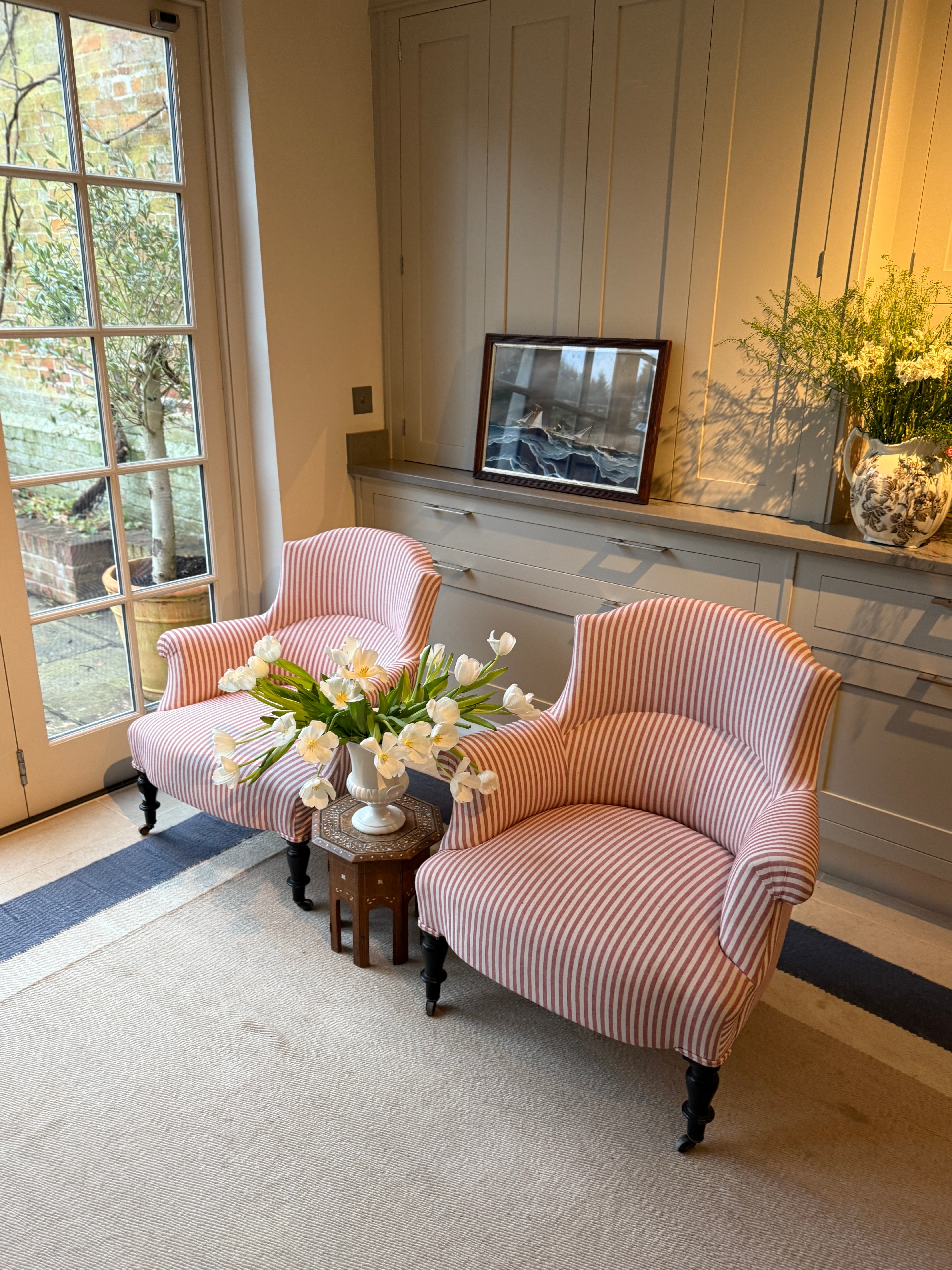 Pair Napoleon III Crapaud Chairs in Red and White Ticking