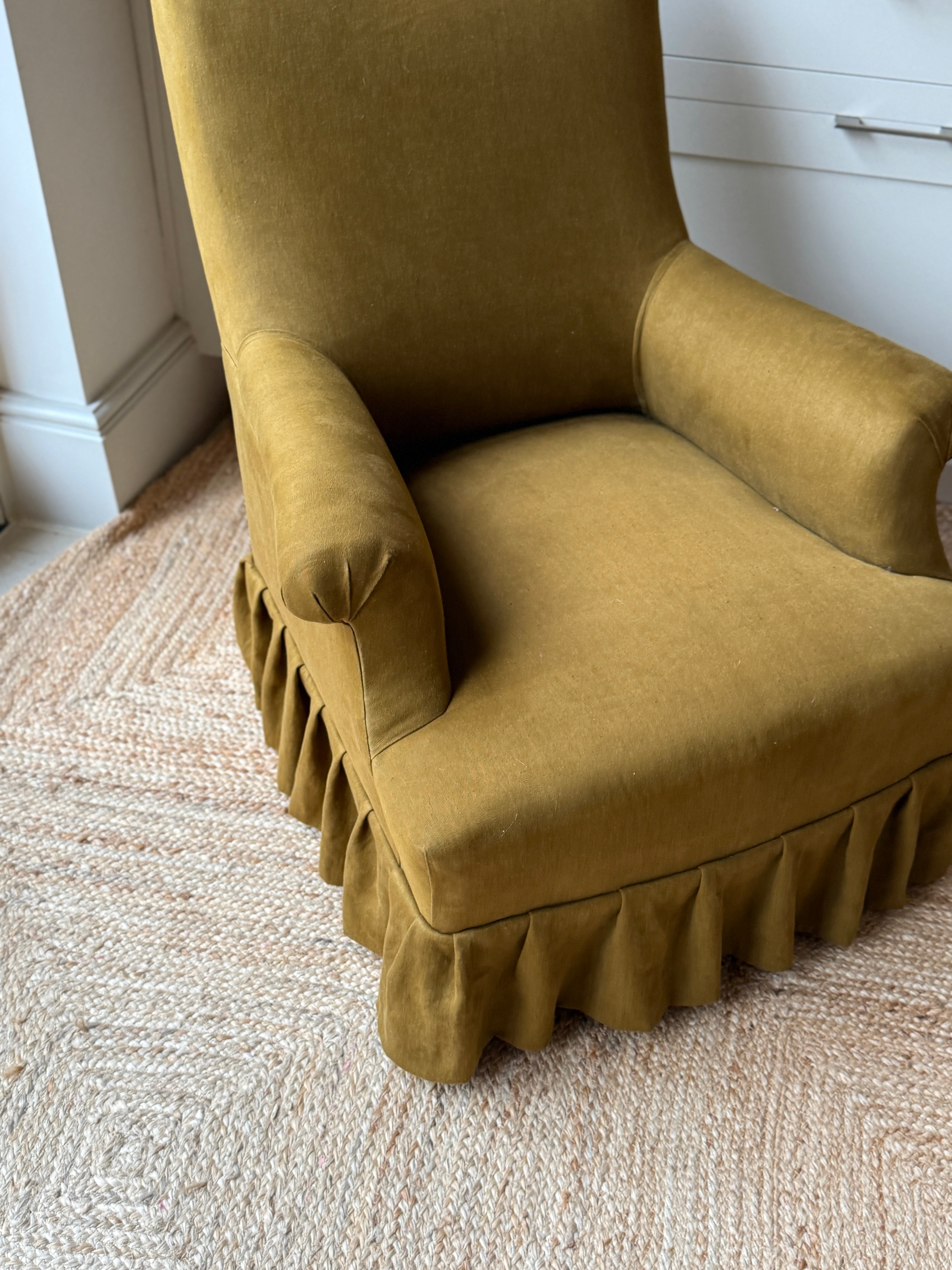 Late 19th Century Armchair in Khaki Green Linen and loose Skirt