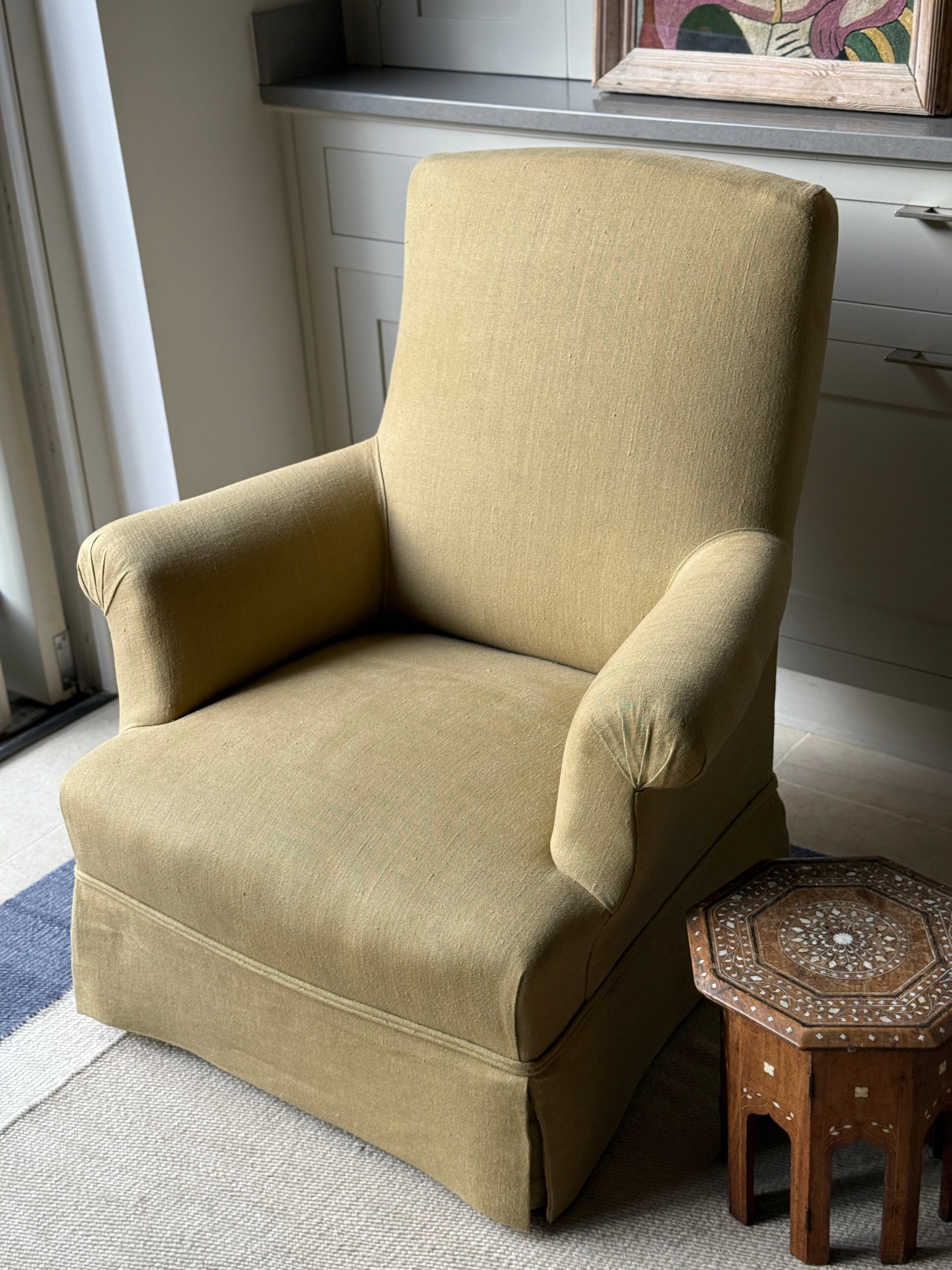 French Squareback Chair Upholstered on yellow linen with skirt
