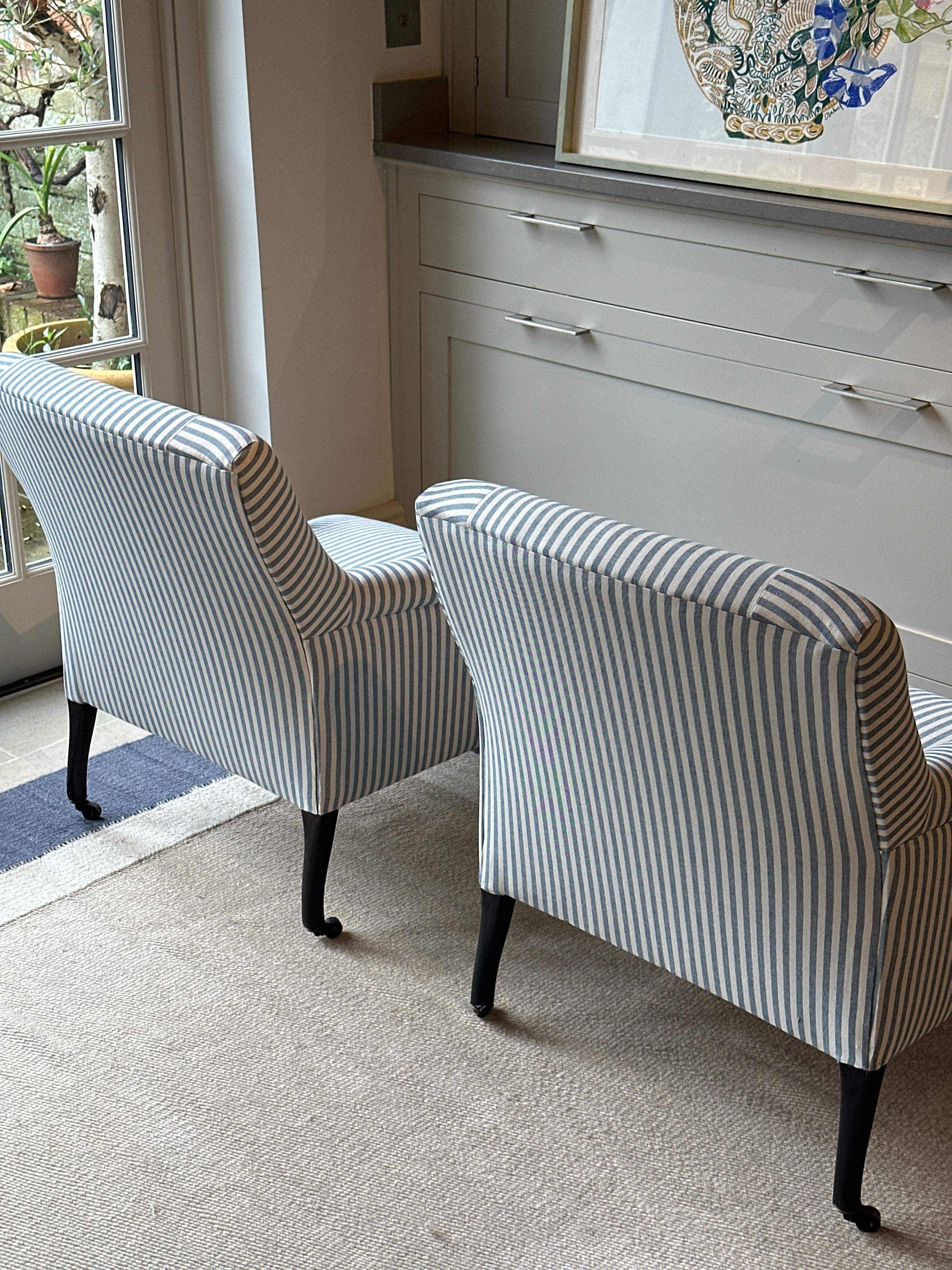 Small Napoleon III Squareback Armchairs in blue ticking