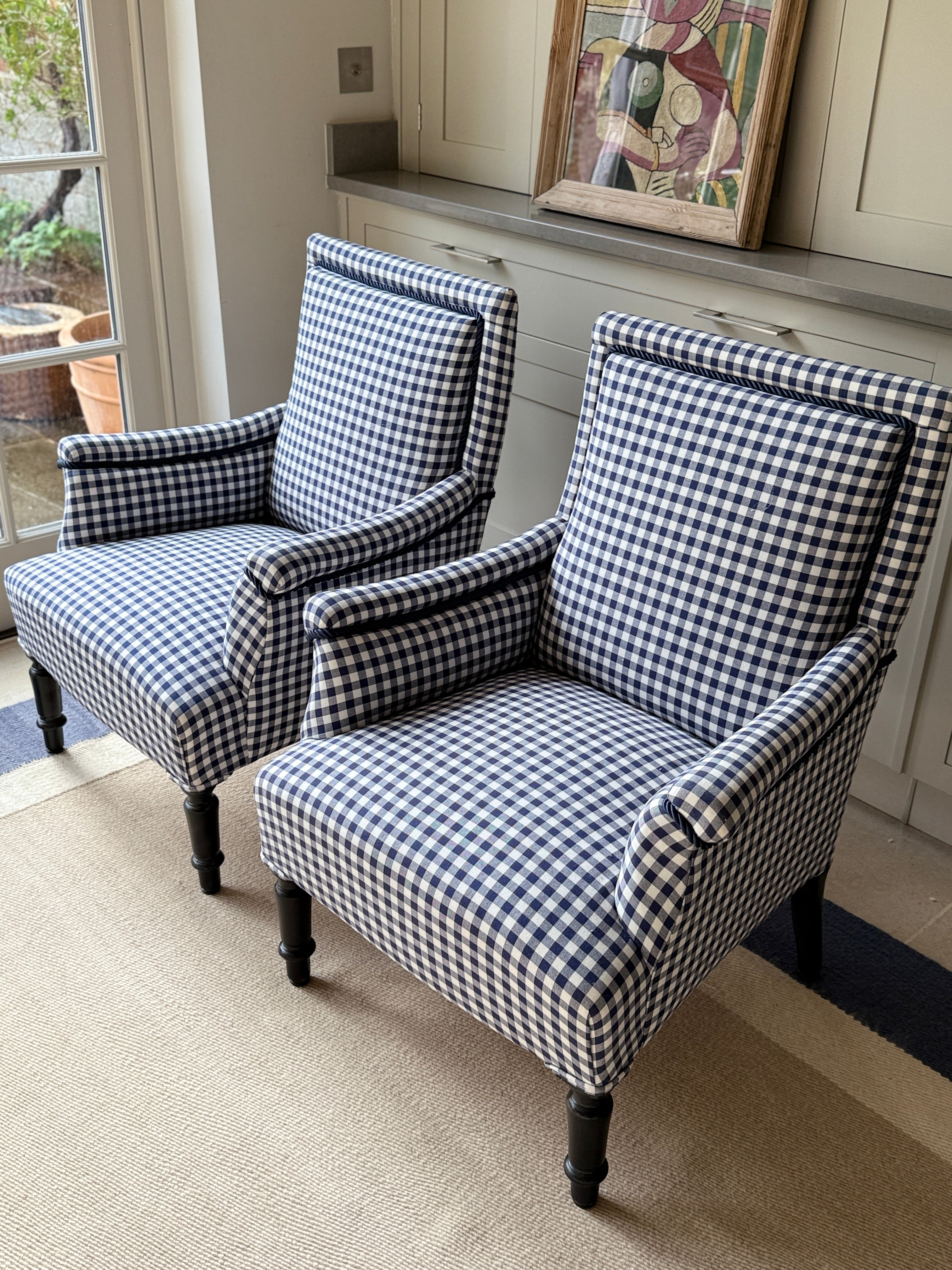 Pair of 19th Century French Armchairs in Navy Gingham