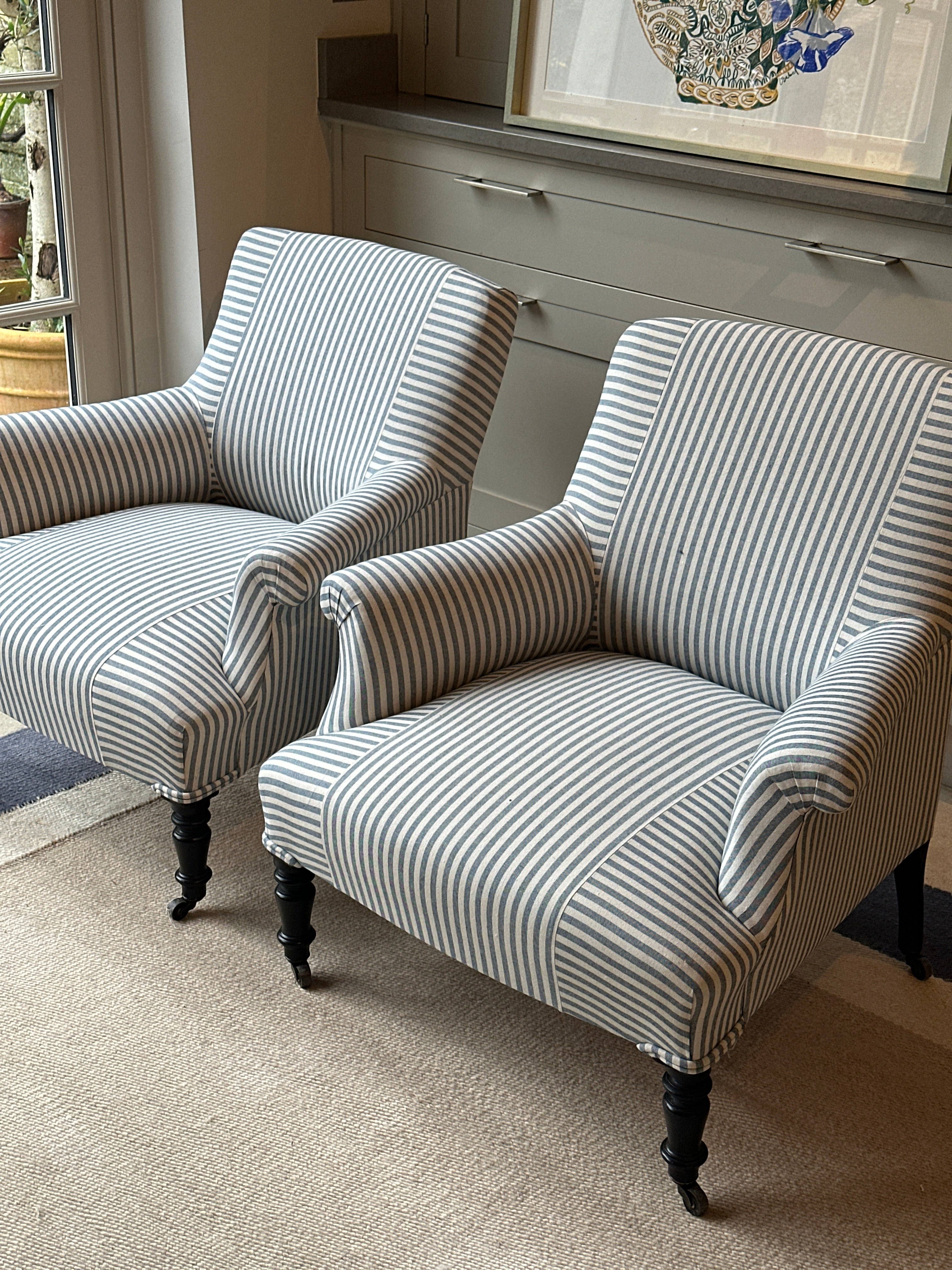 Small Napoleon III Squareback Armchairs in blue ticking