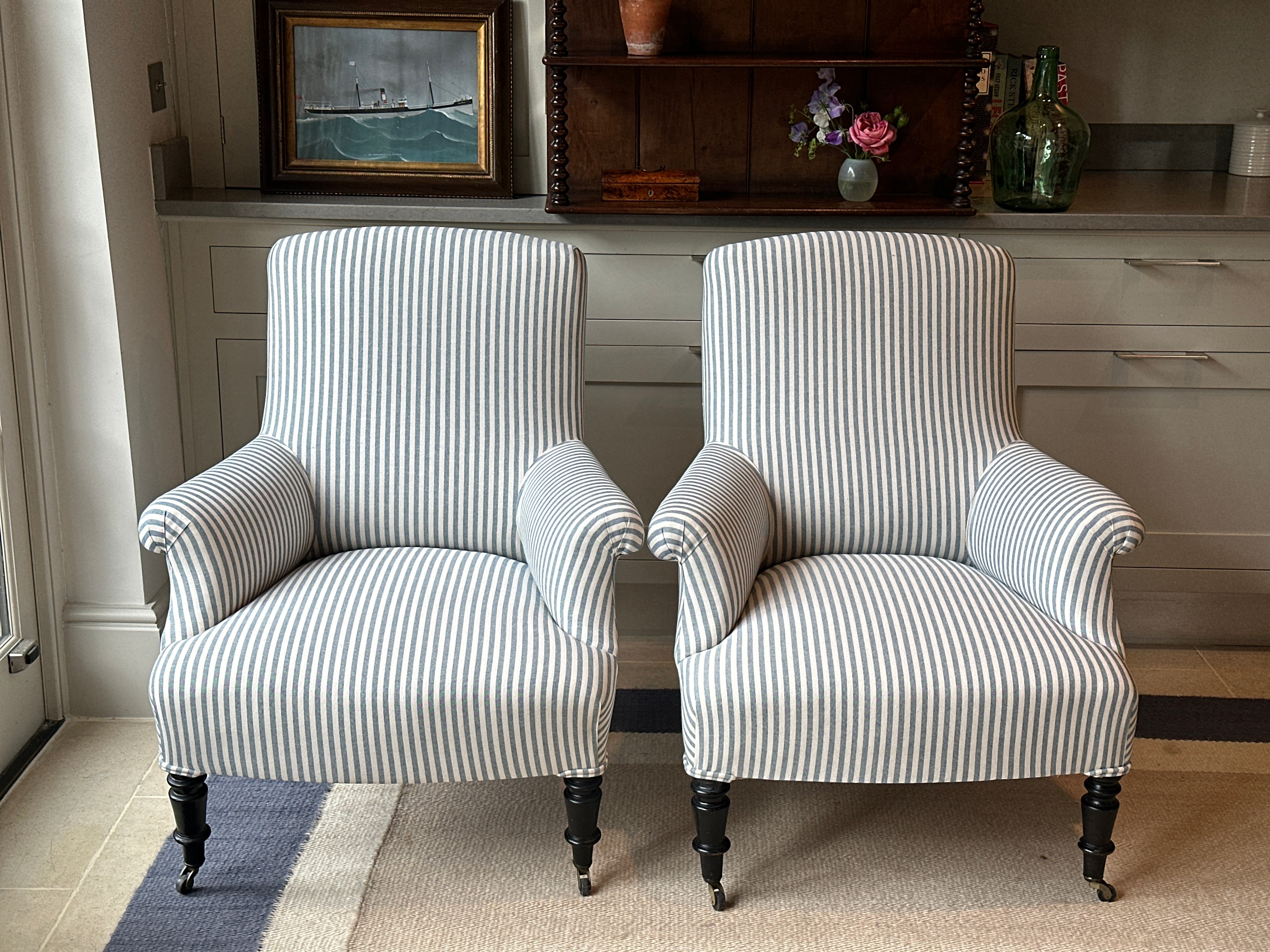 Pair of Square Back French chairs in blue ticking