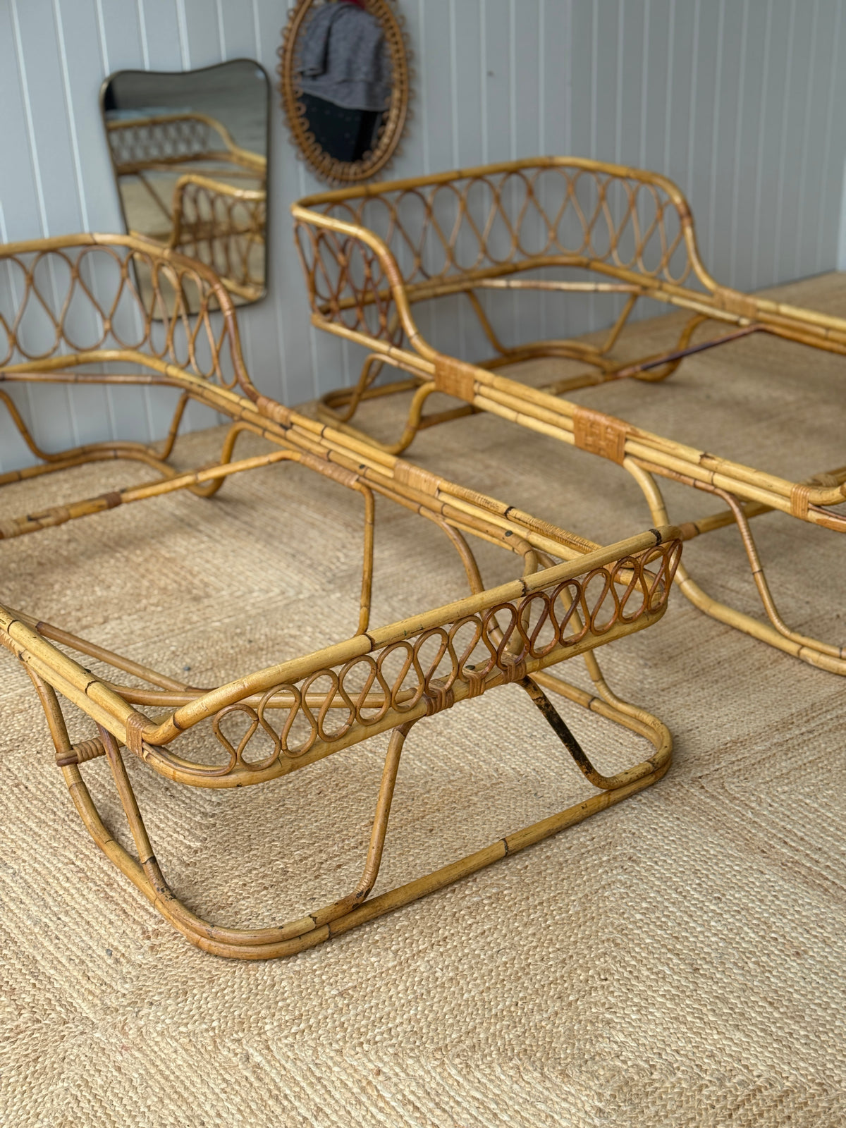 Pair of Italian Rattan Daybeds, Attributed to Tito Agnoli, c. 1950s-60s