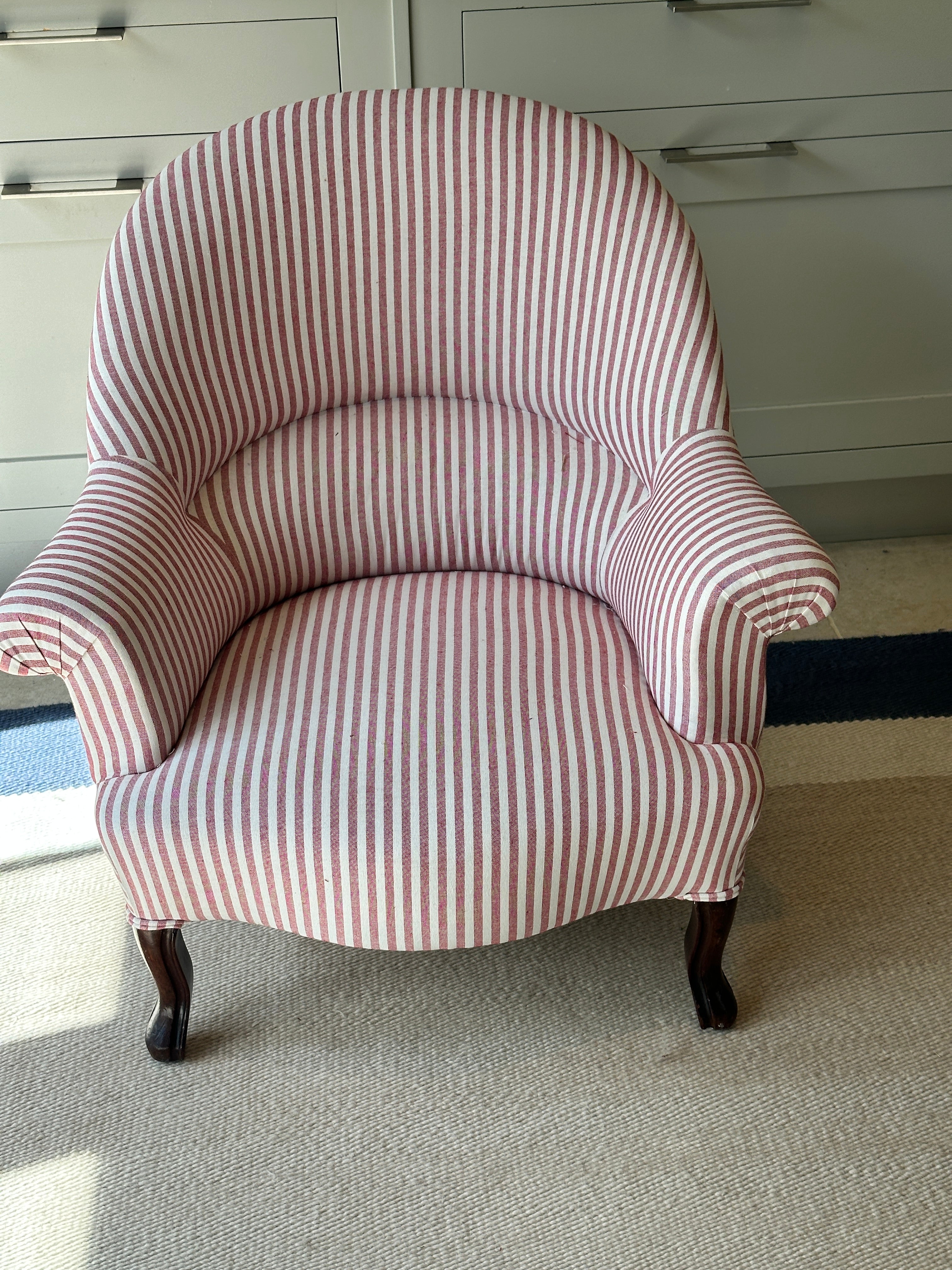 French Crapaud Tub Chairs in Red & White ticking.