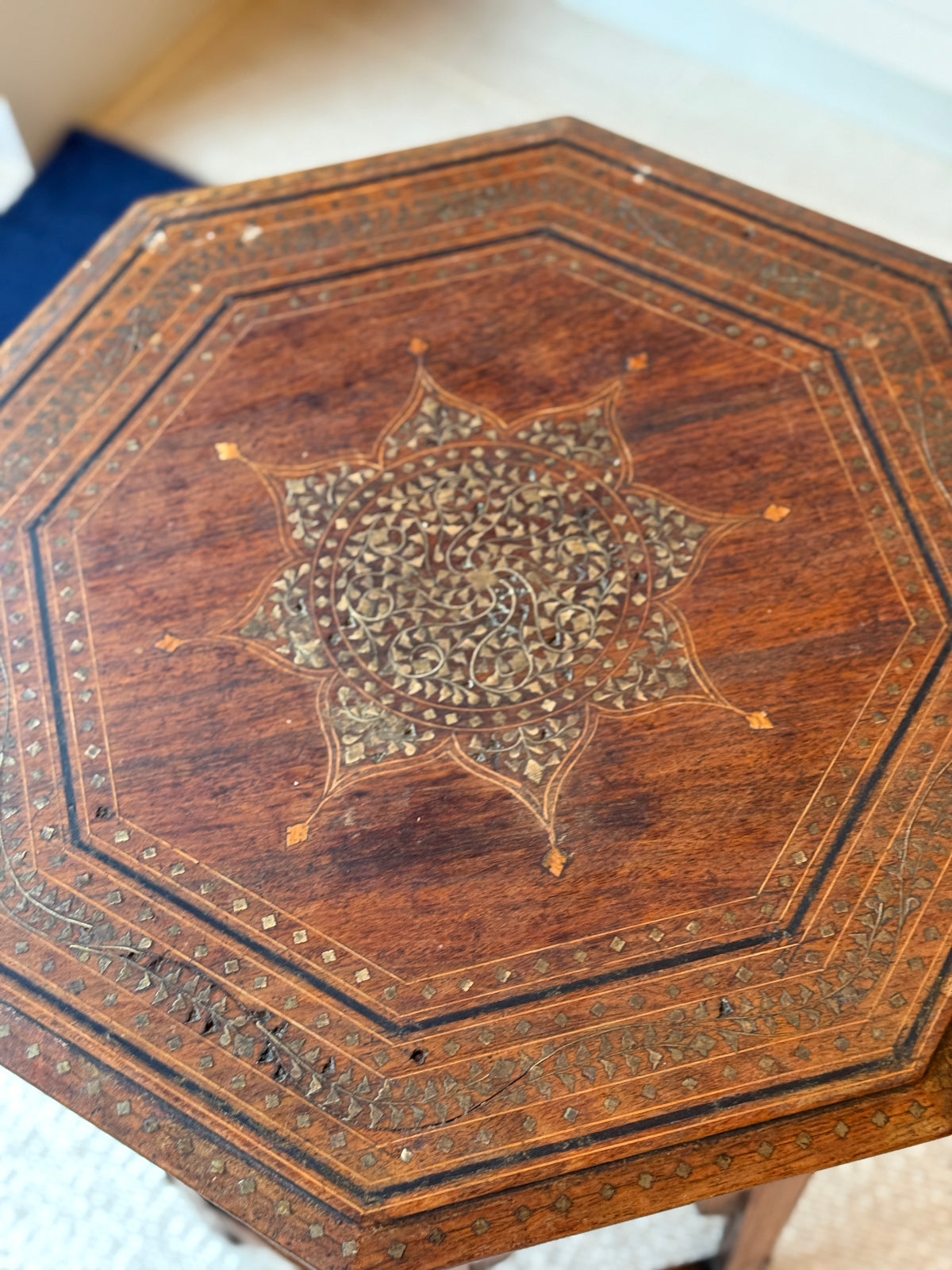 Antique Anglo-Indian Octagonal Folding Table with Brass Inlay