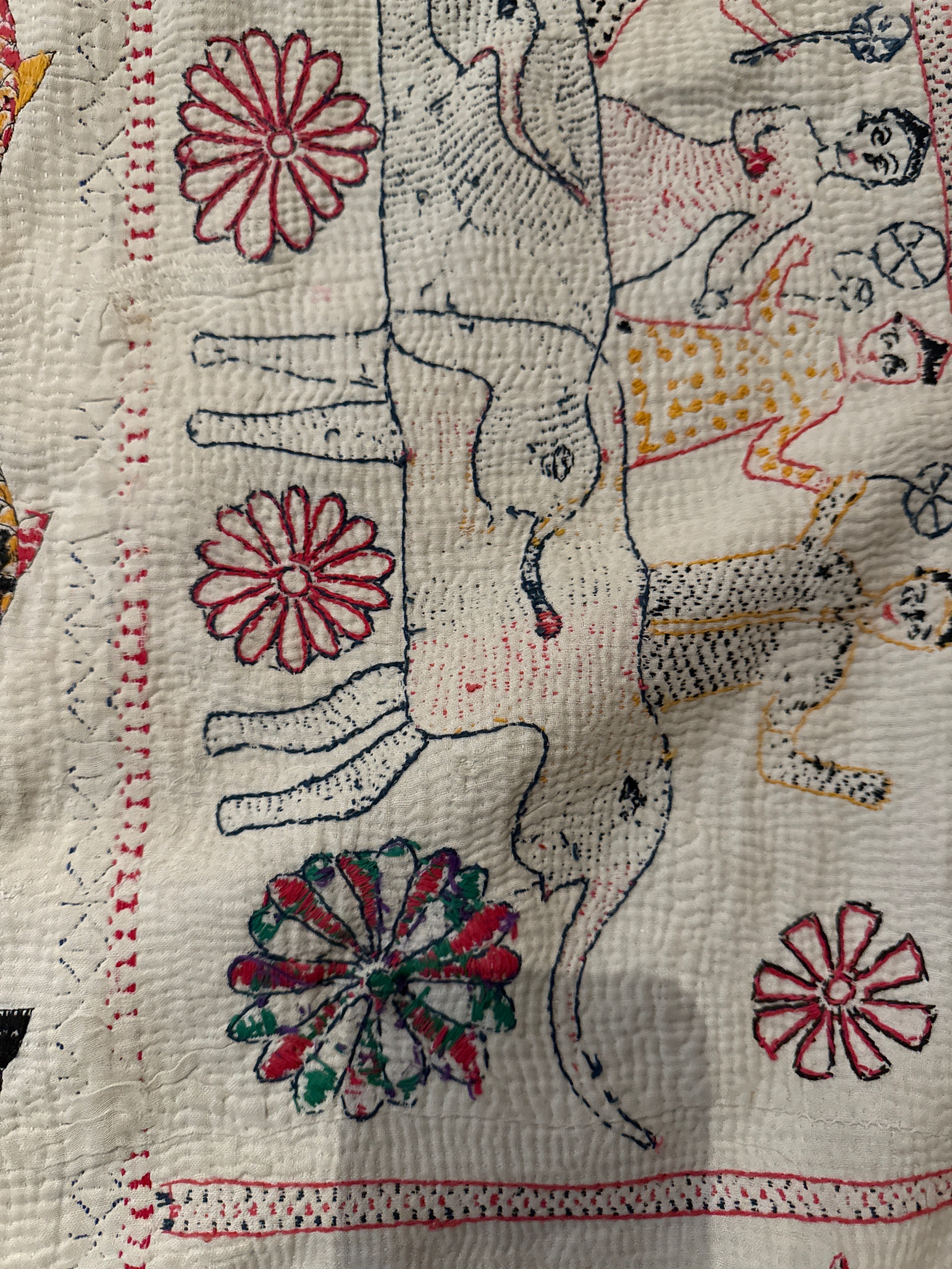 Rare Bengali Nakshi Kantha with Fish Border c late 19th Century