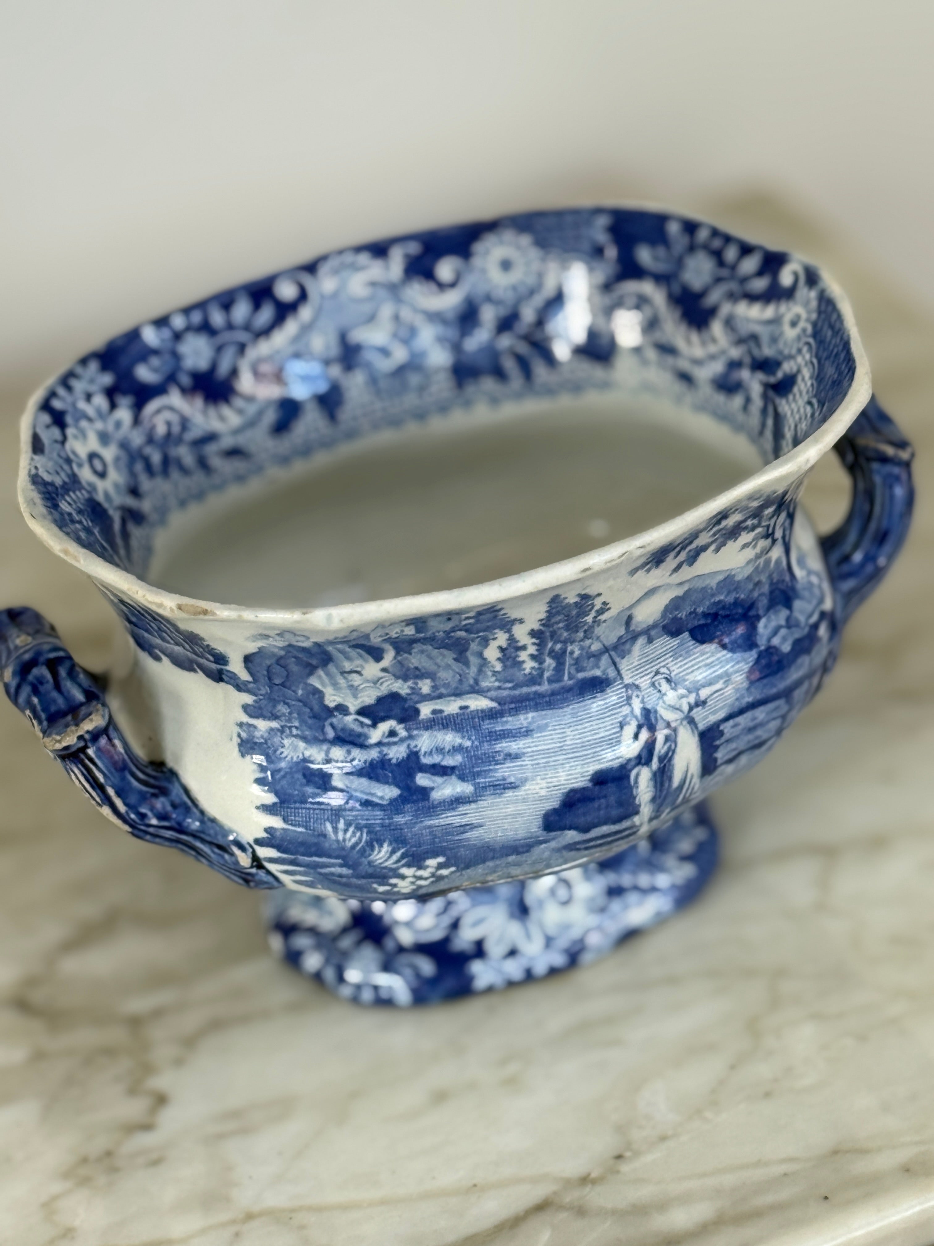 Small Blue and White Footed Tureen