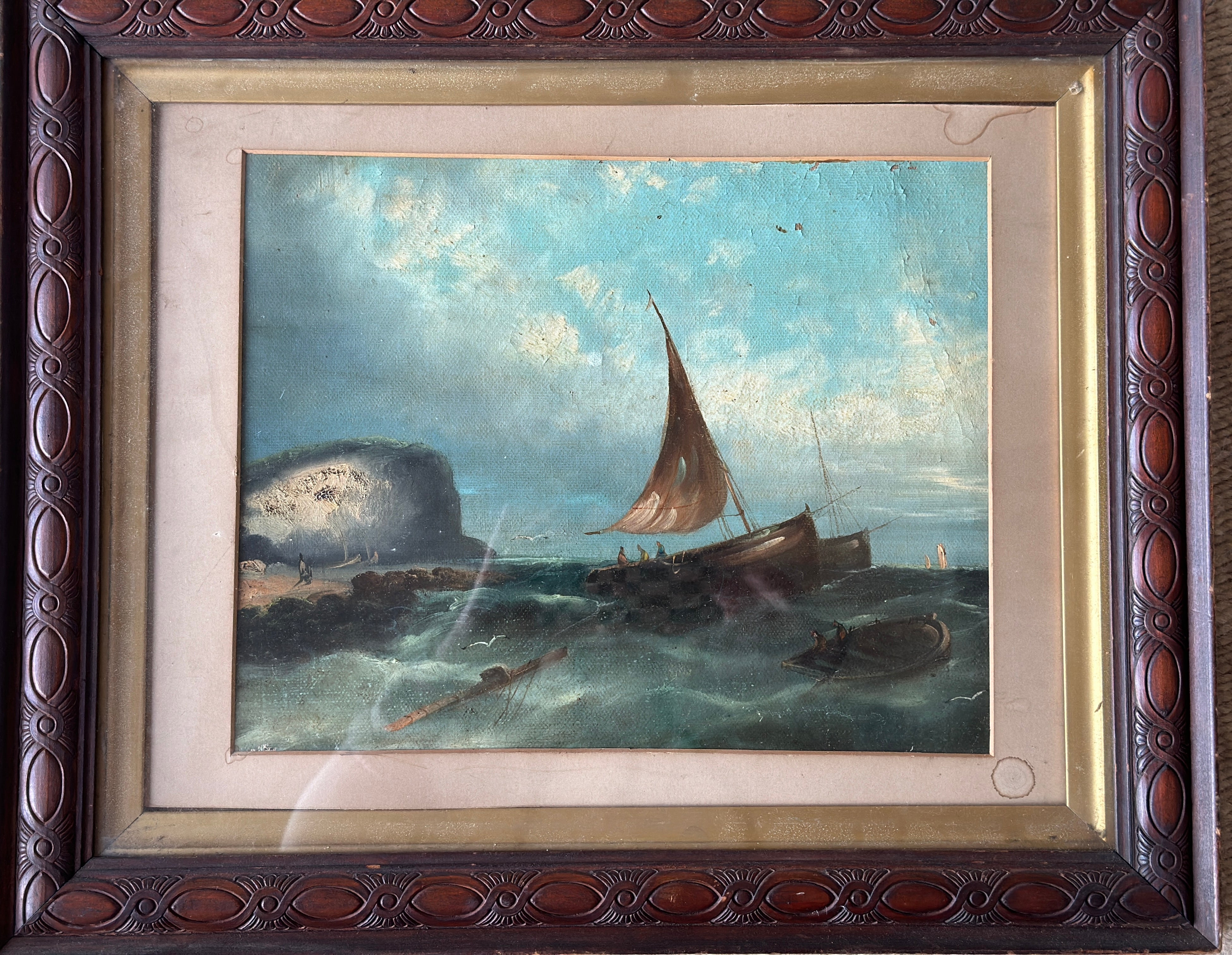 Oil on Canvas Sailing Scene in charming wooden frame