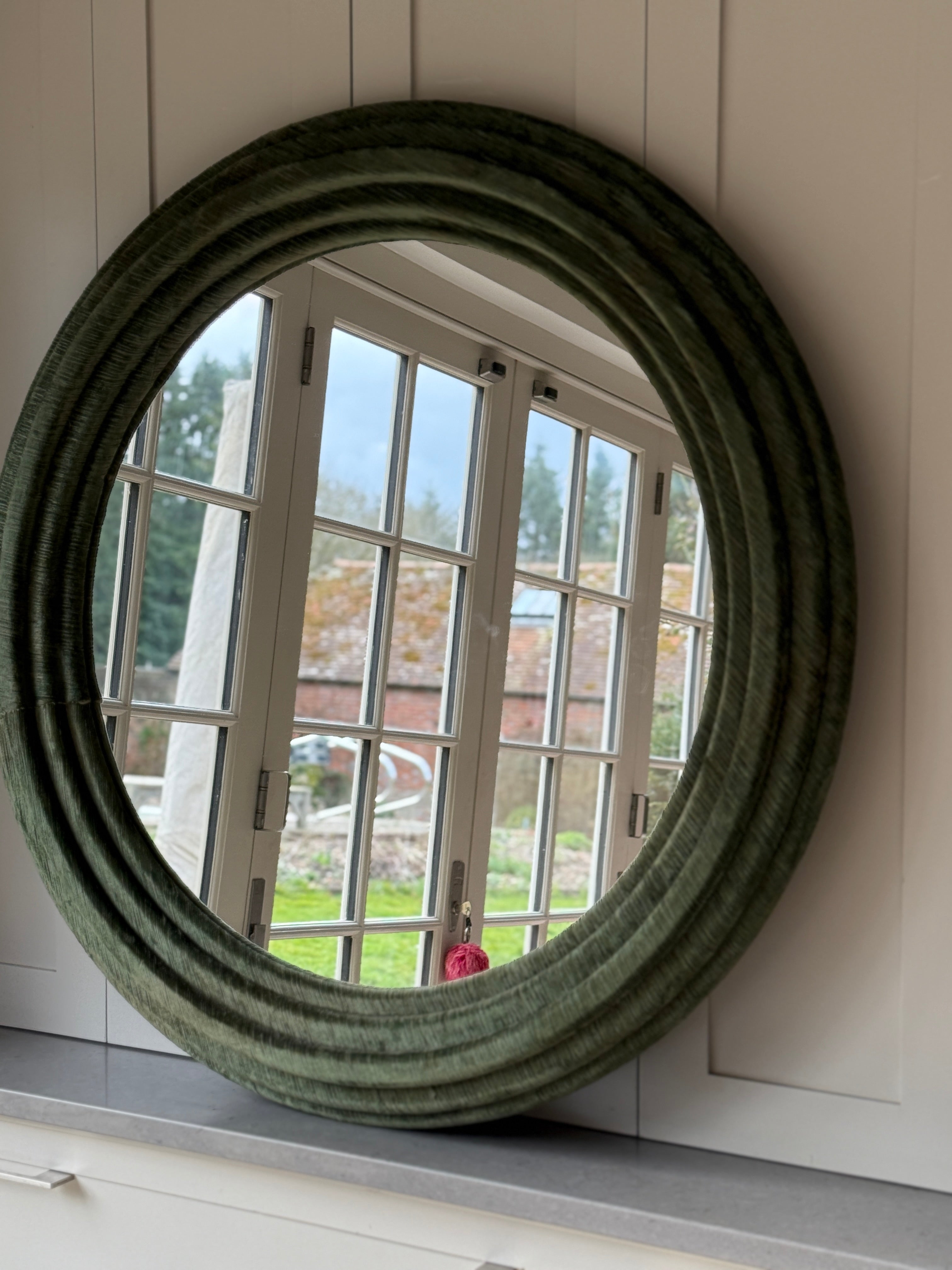 Large Modern Circular Mirror in Green Corduroy Velvet