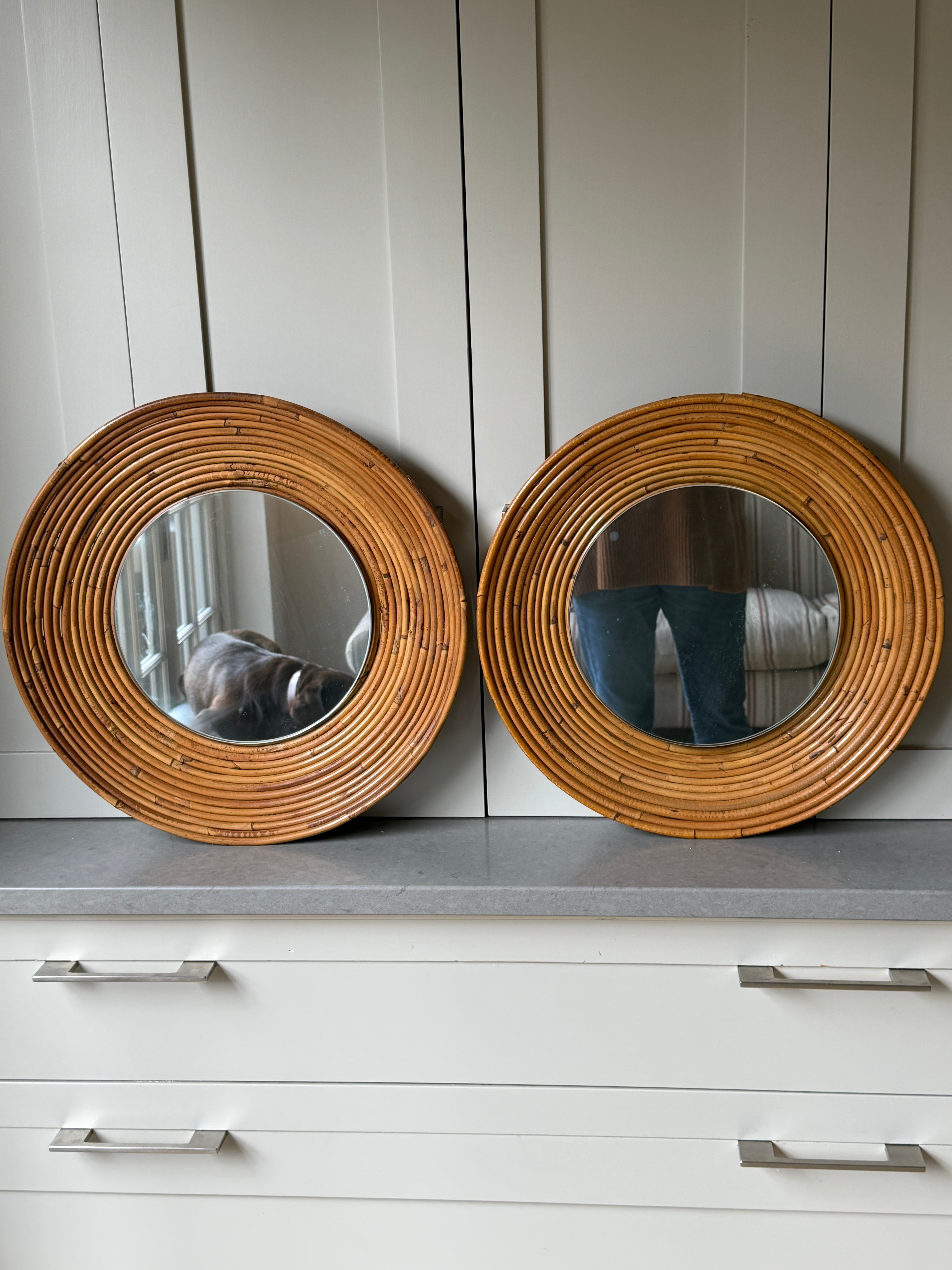 Pair of Round Rattan Mirrors - Italian 1960s
