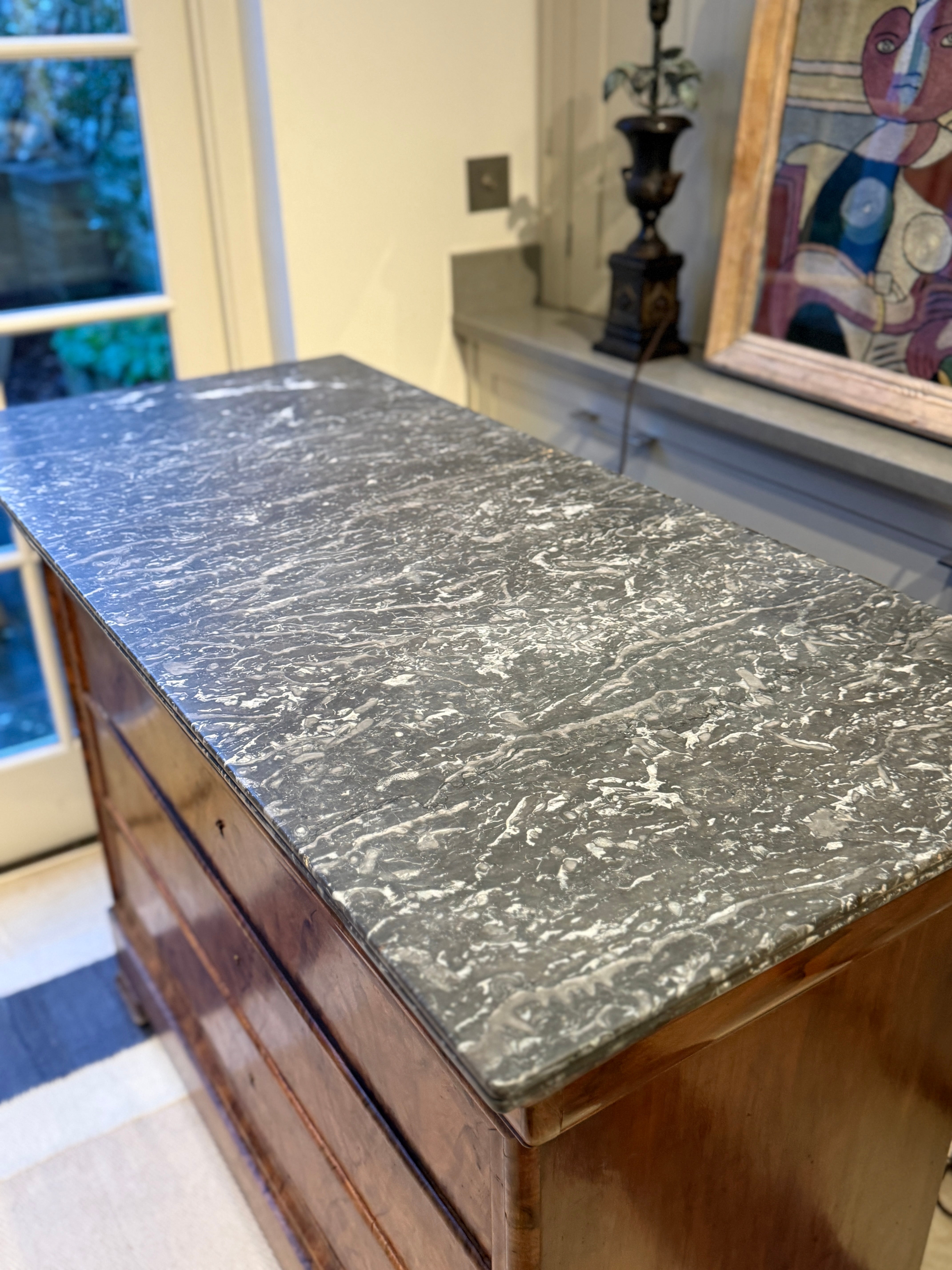 French Louis-Philippe walnut commode with grey marble top, circa 1835–1848