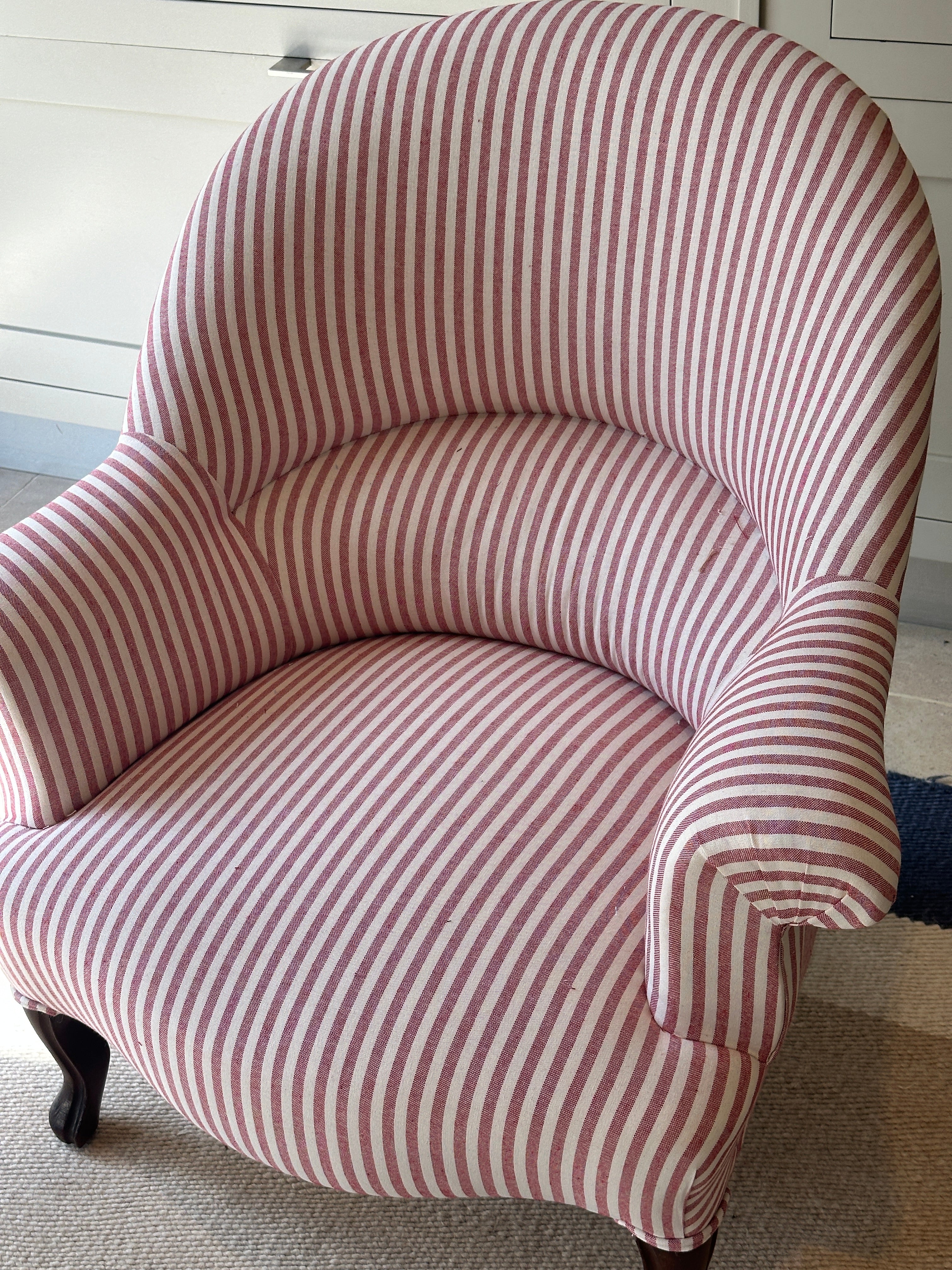 French Crapaud Tub Chairs in Red & White ticking.