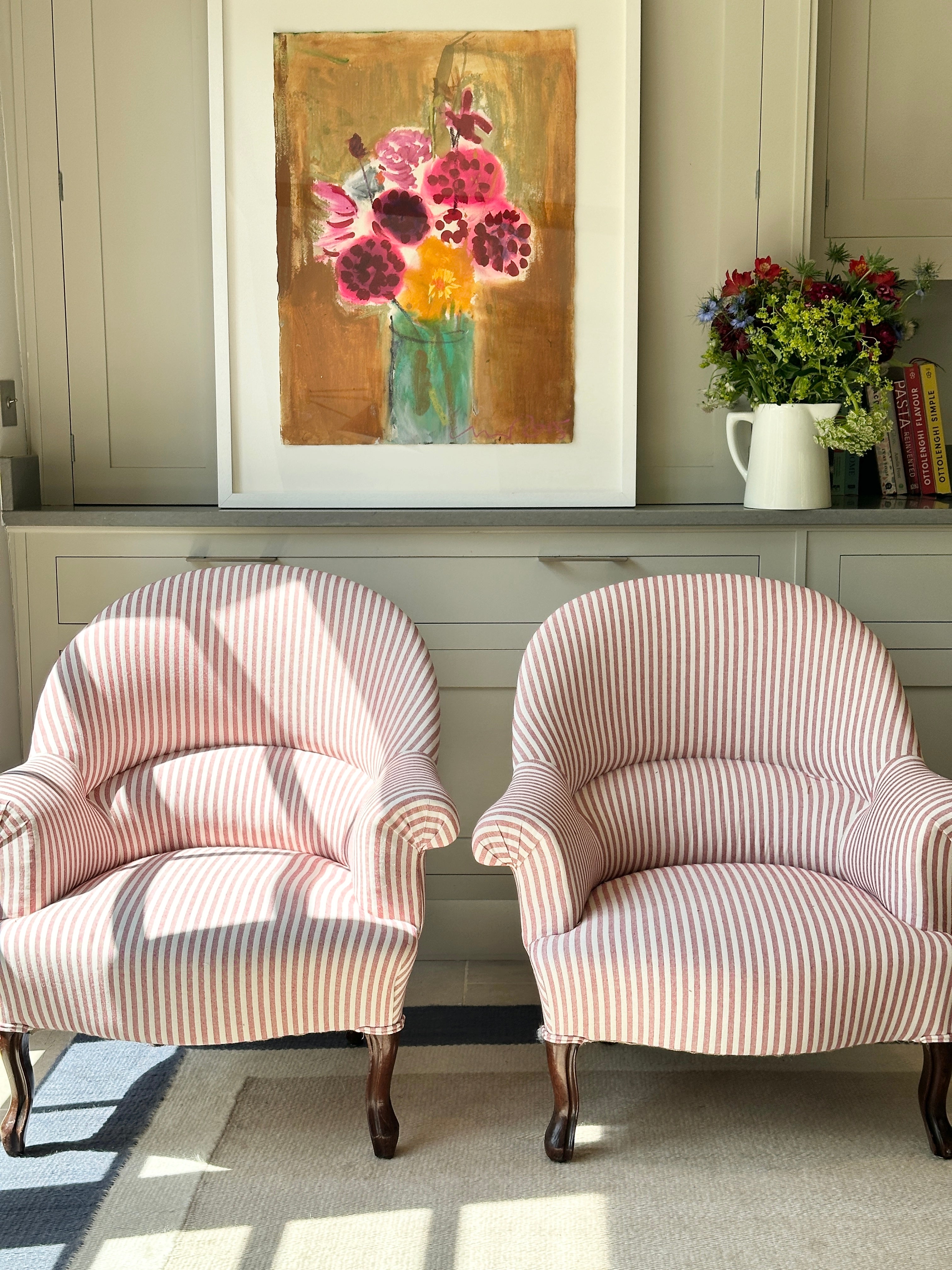 French Crapaud Tub Chairs in Red & White ticking.