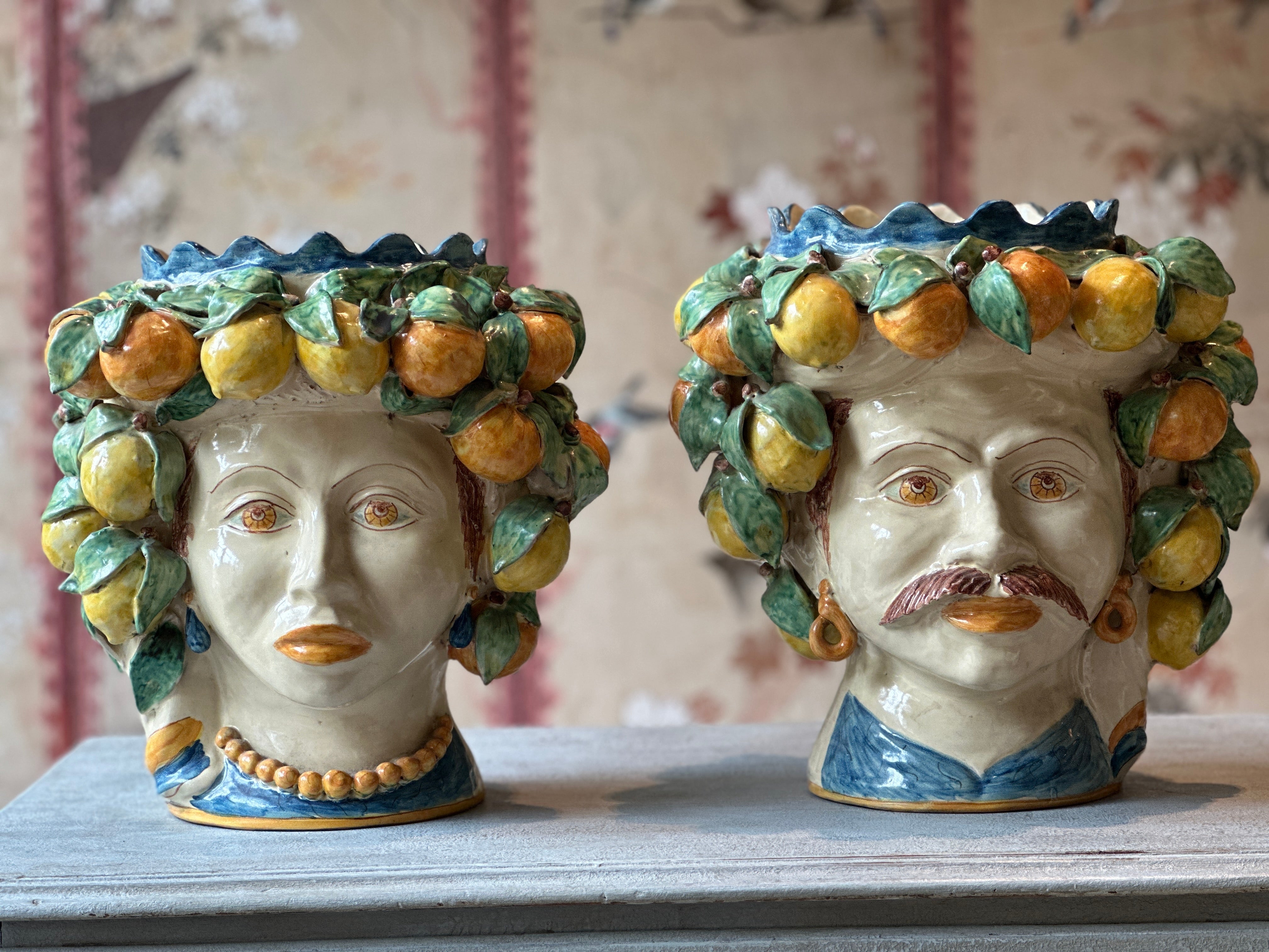 Large Pair of Vintage Sicilian Moor Heads with lemon and orange headdress.