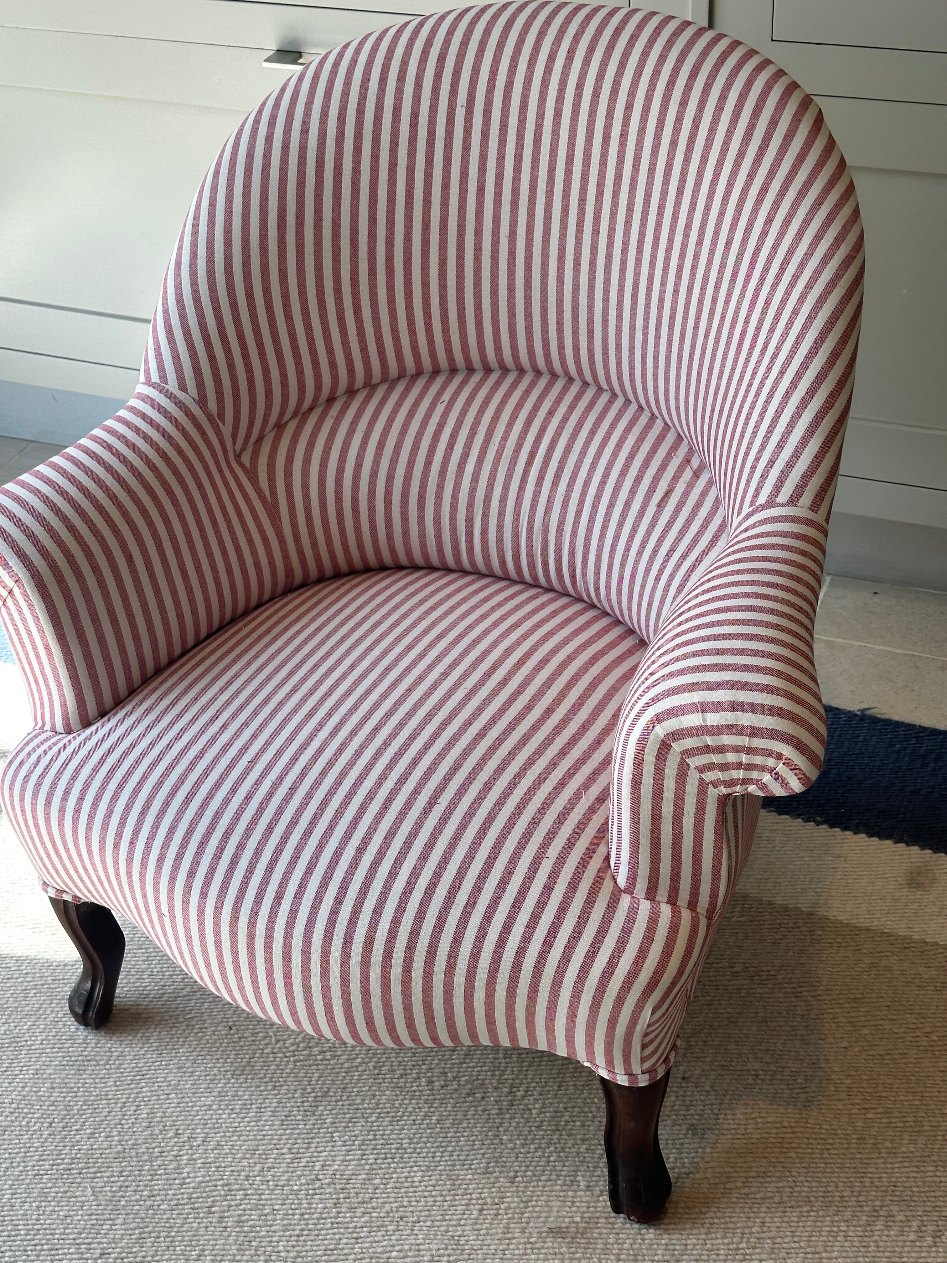 French Crapaud Tub Chairs in Red & White ticking.