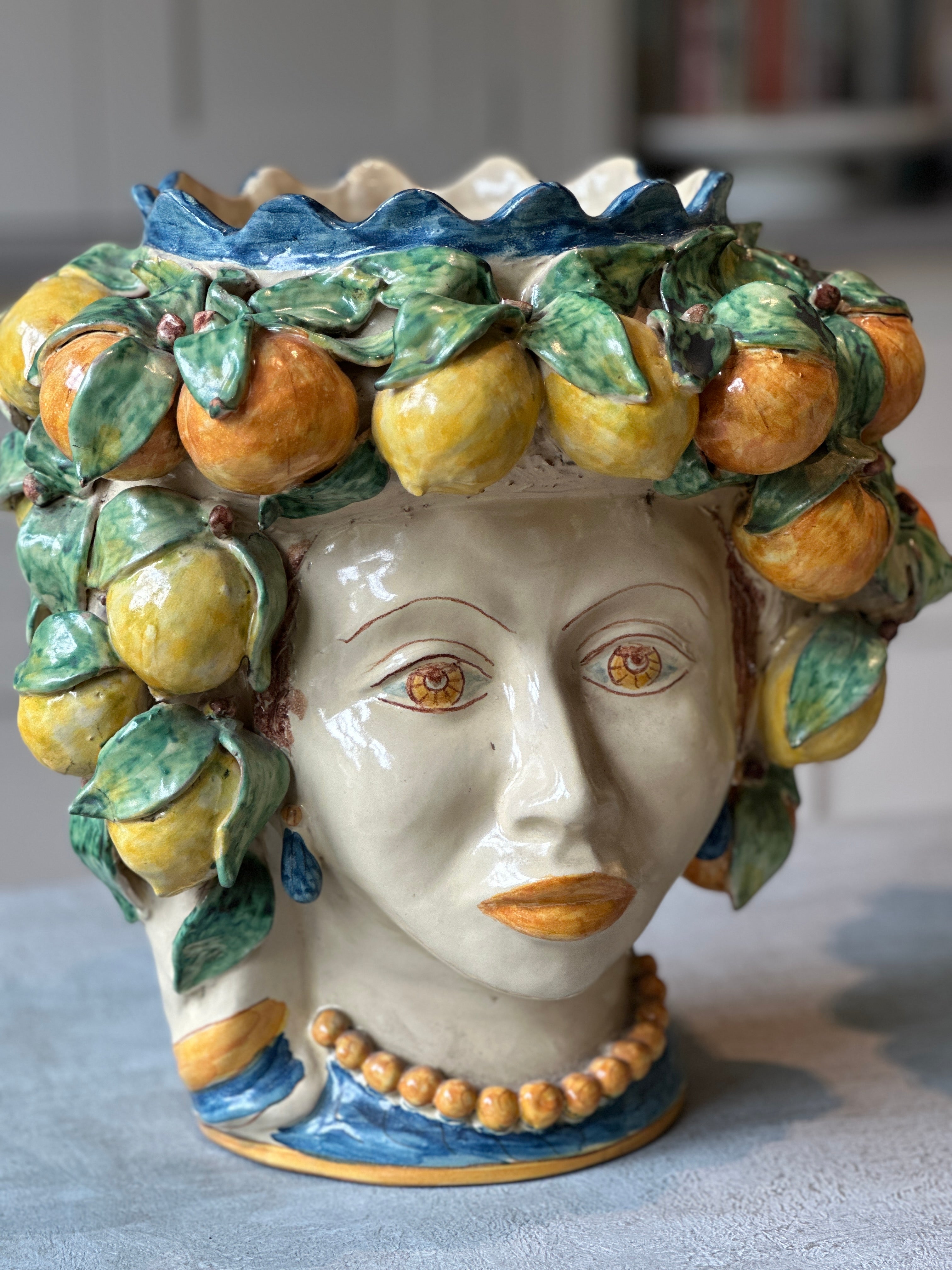 Large Pair of Vintage Sicilian Moor Heads with lemon and orange headdress.