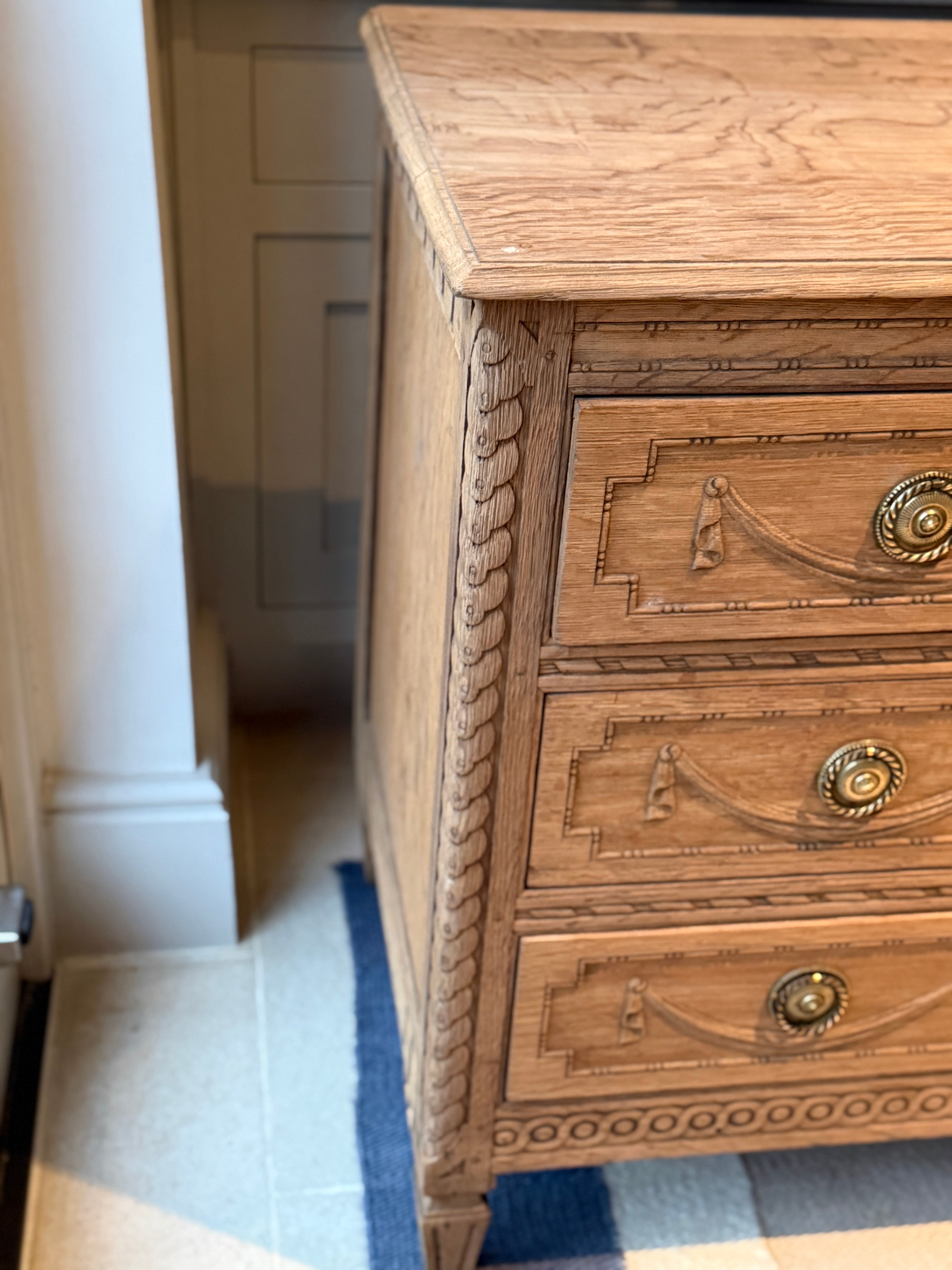 Bleached Oak Commode with Carved wood detail throughout