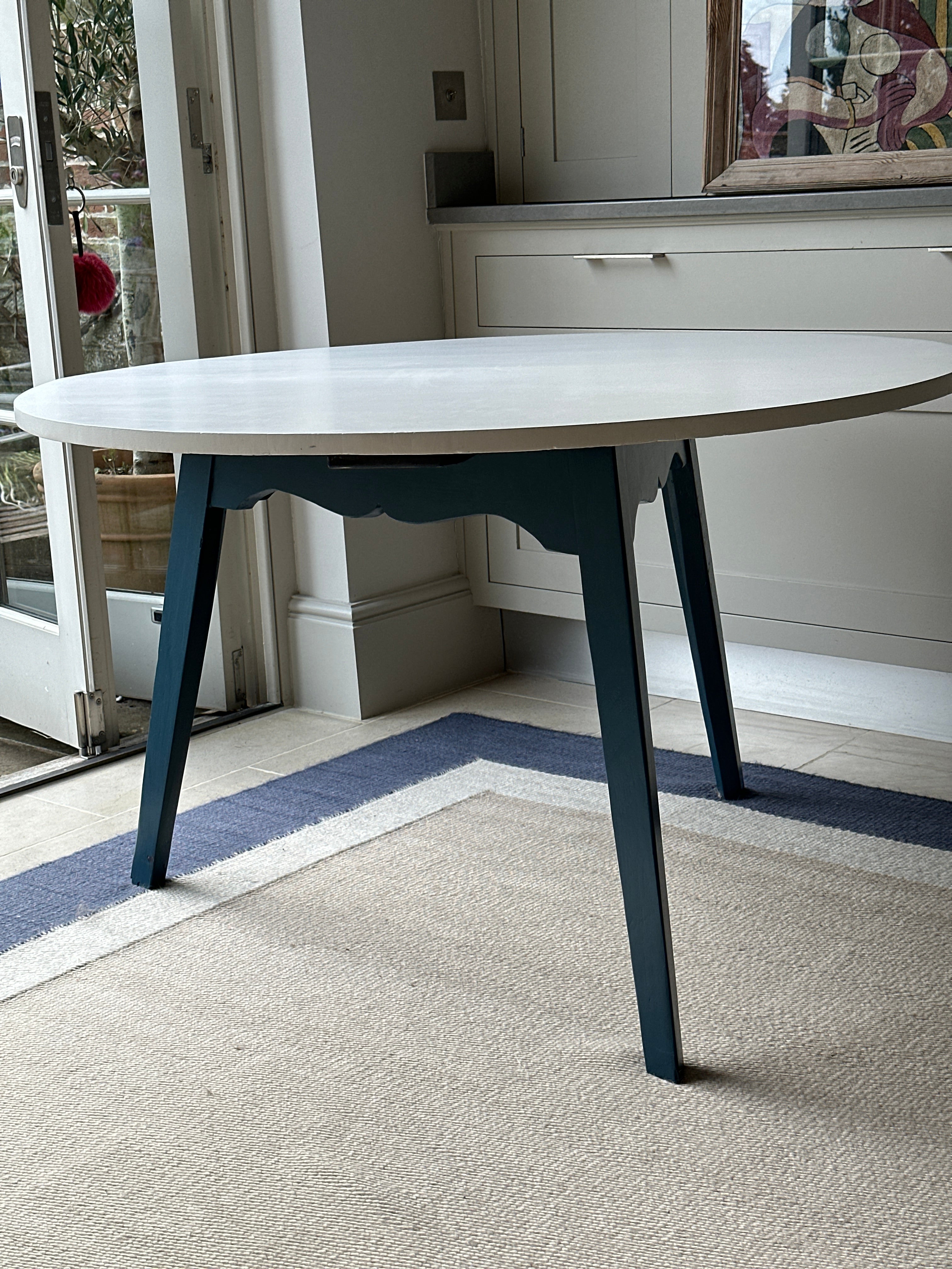 Medium Pine Cricket Centre Table with white Top and Navy blue base