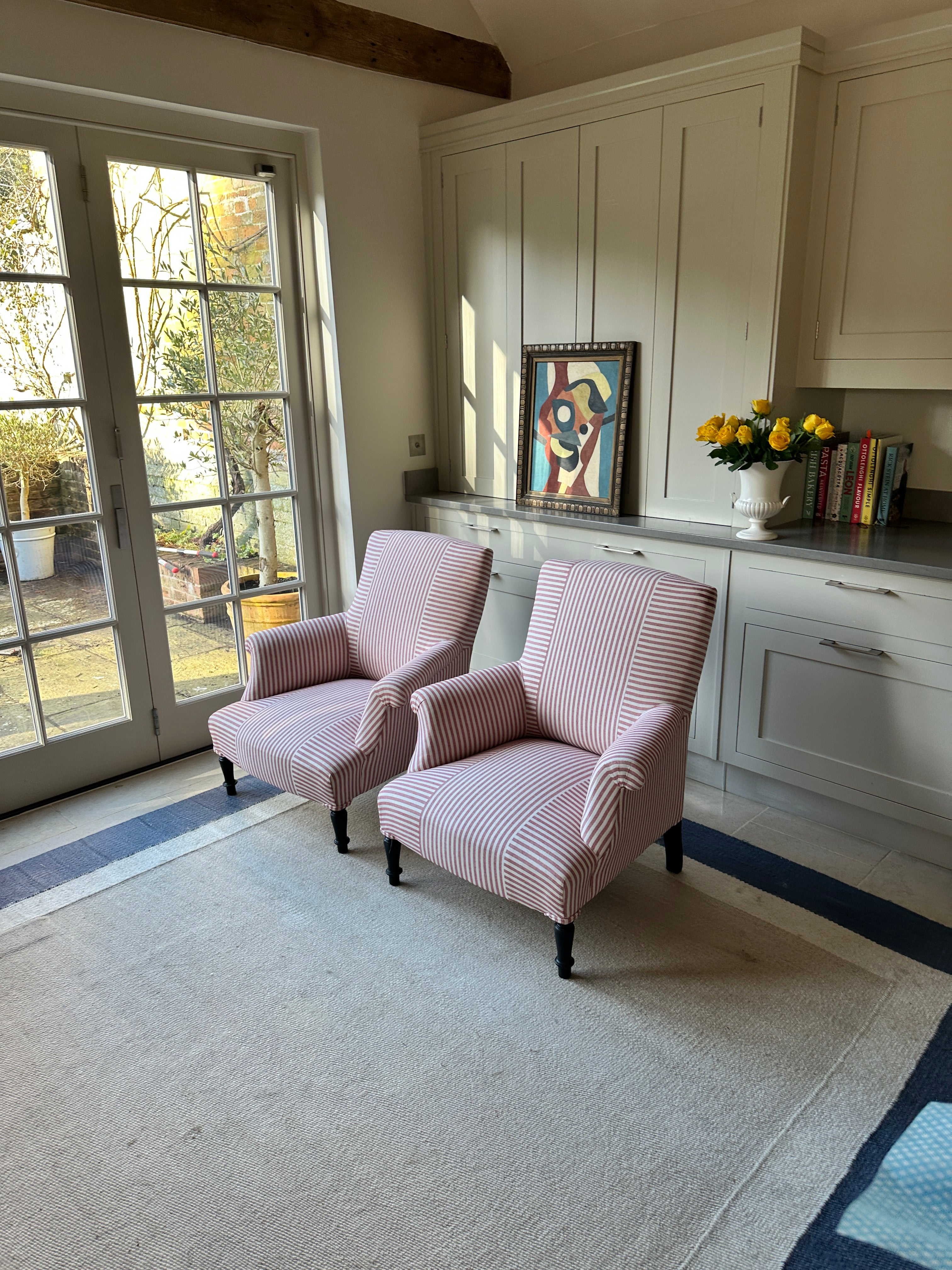 Pair of Napoleon III Squareback chairs in Red ticking Criss Cross