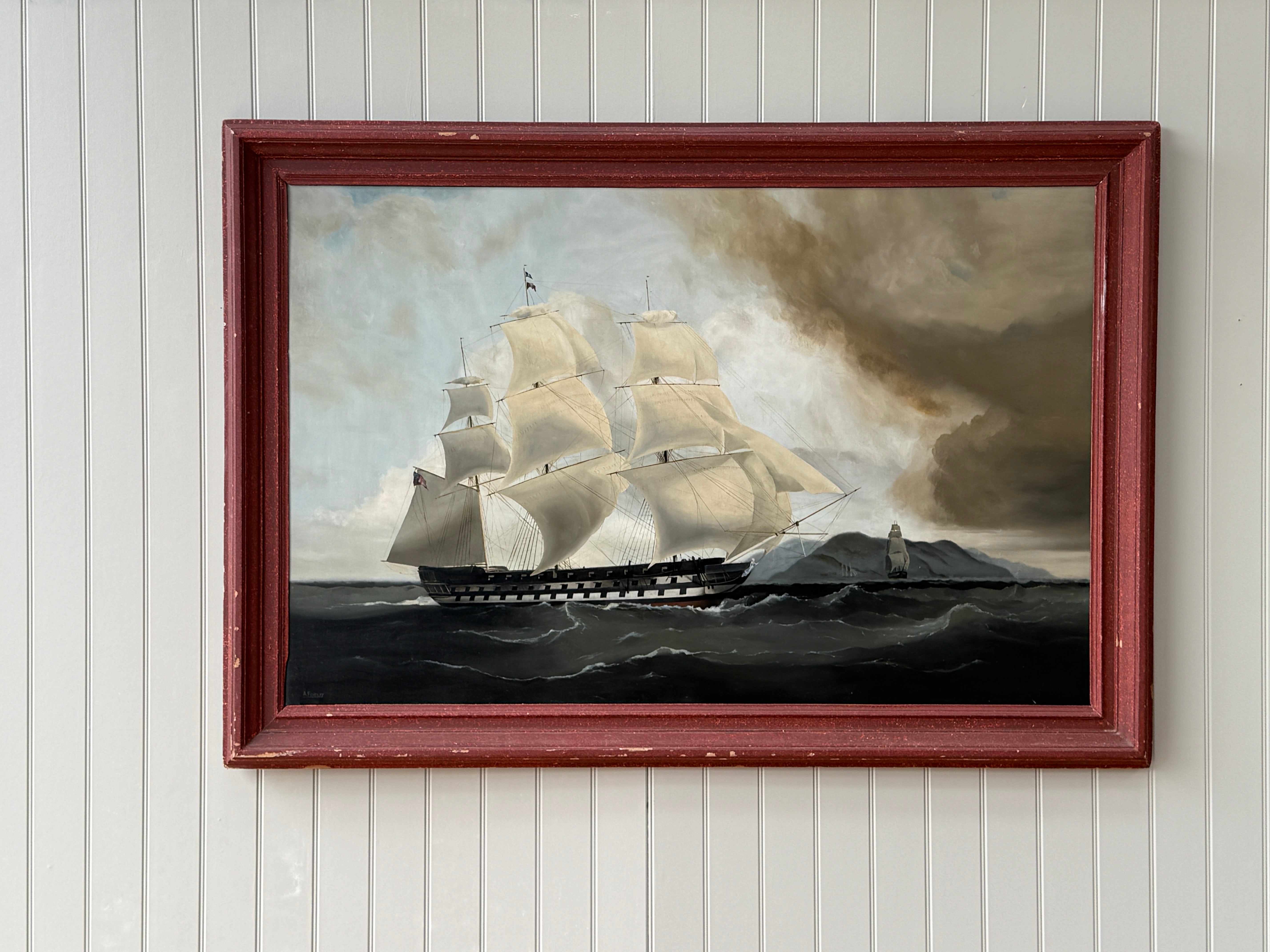 Large Naive Oil Painting of huge Sail boat in Harbour by A Findlay