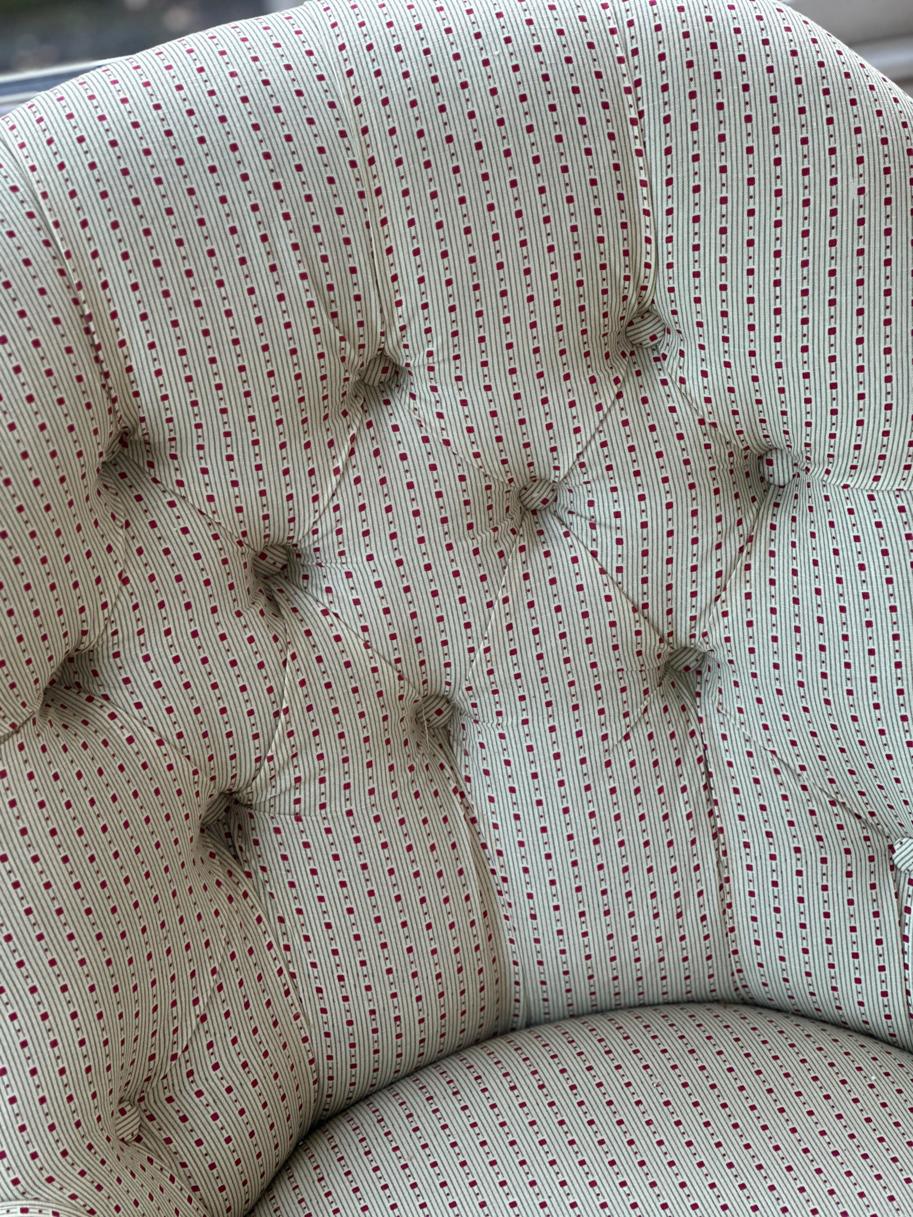 English Button Back Tub Chair in Tonal Ticking by Kathryn M Ireland