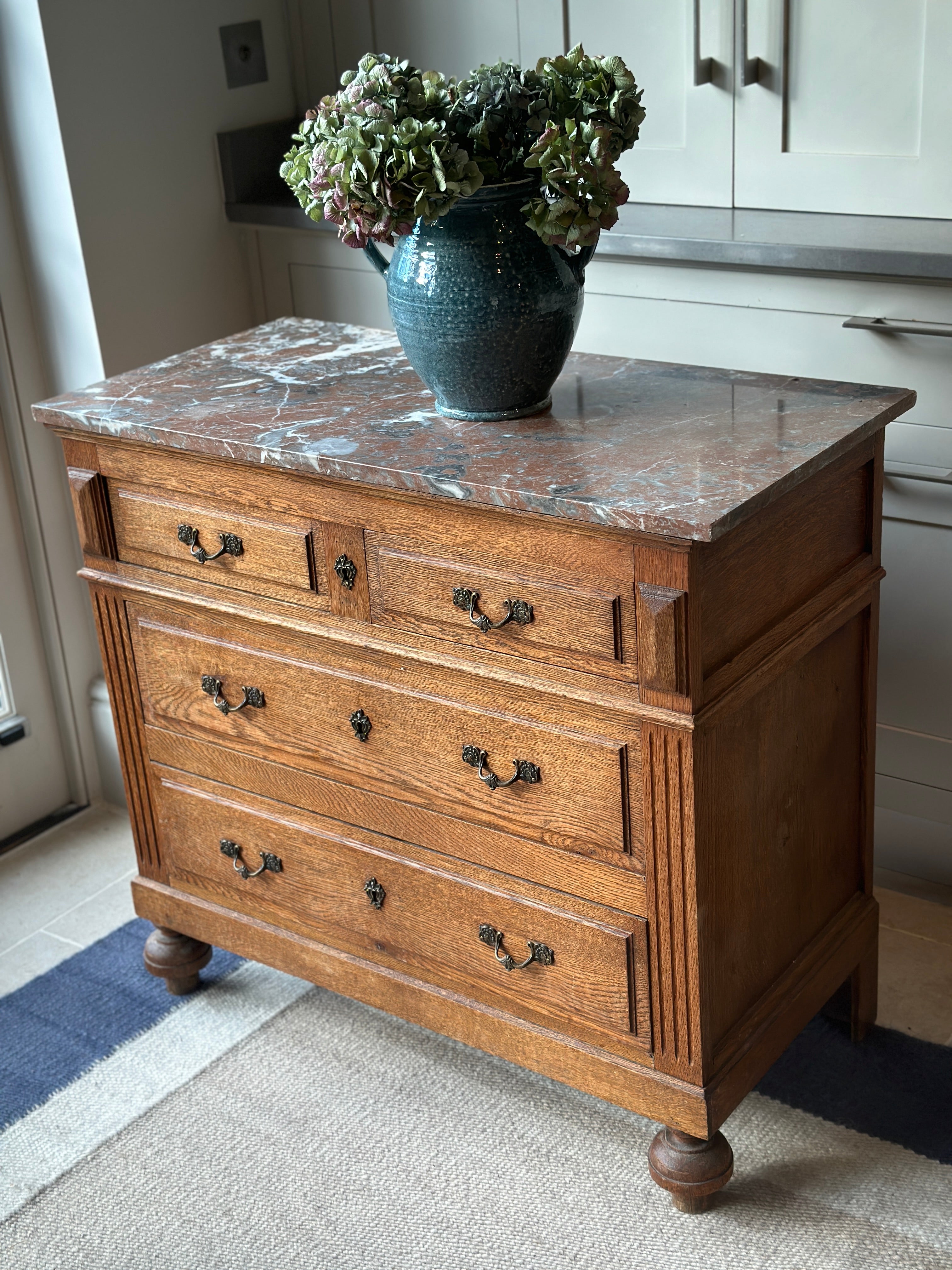 Small Early 20th Century Oak Commode with Polychrome Marble Top