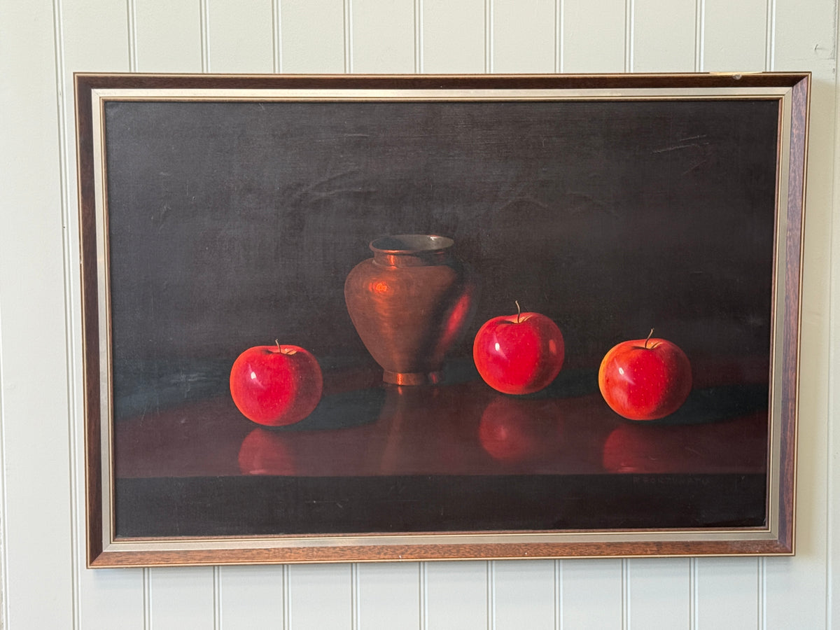 Still life oil painting in a dark, dramatic, almost Dutch Golden Age manner