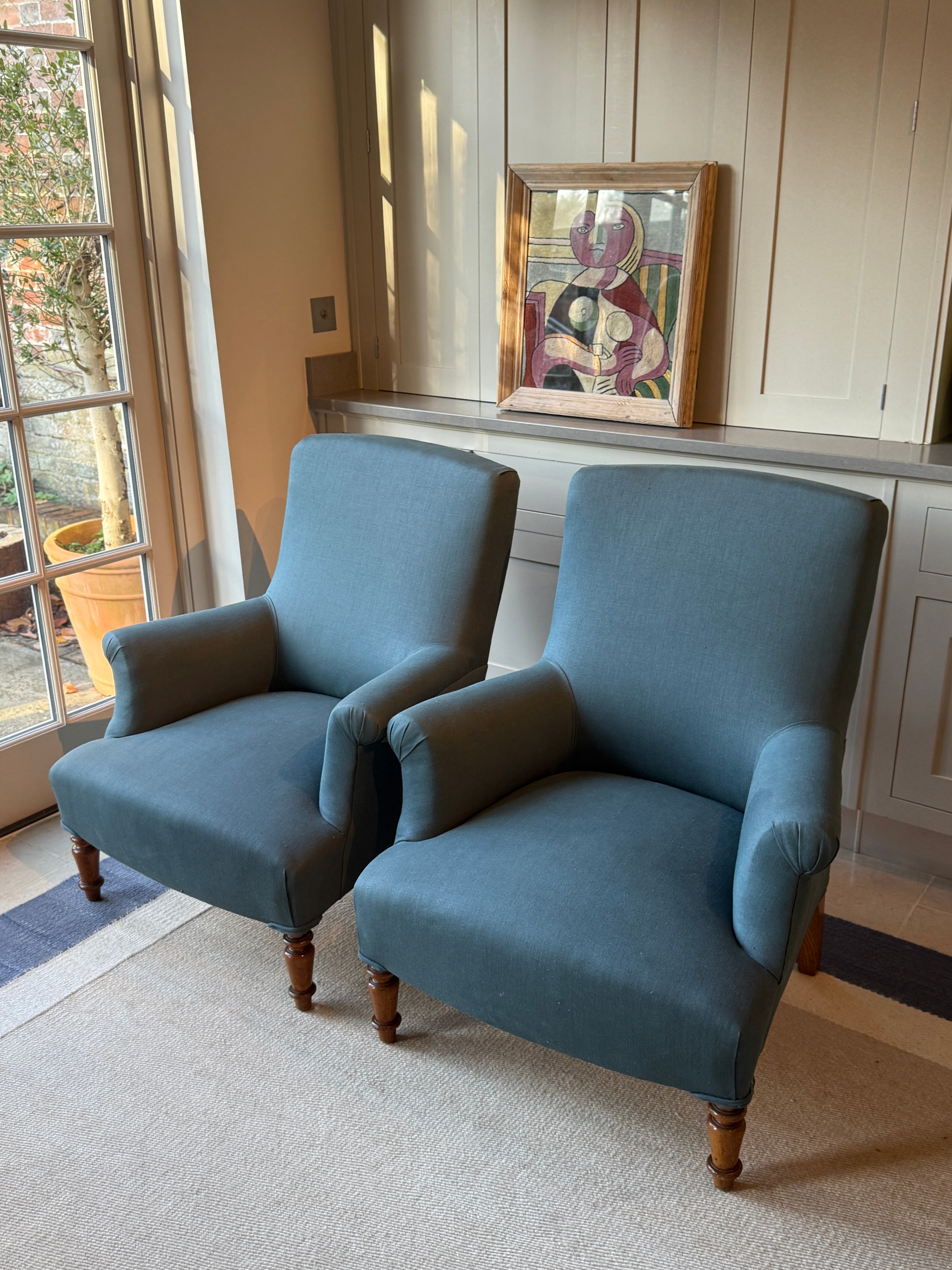 Pair of Armchairs in an RAF blue linen
