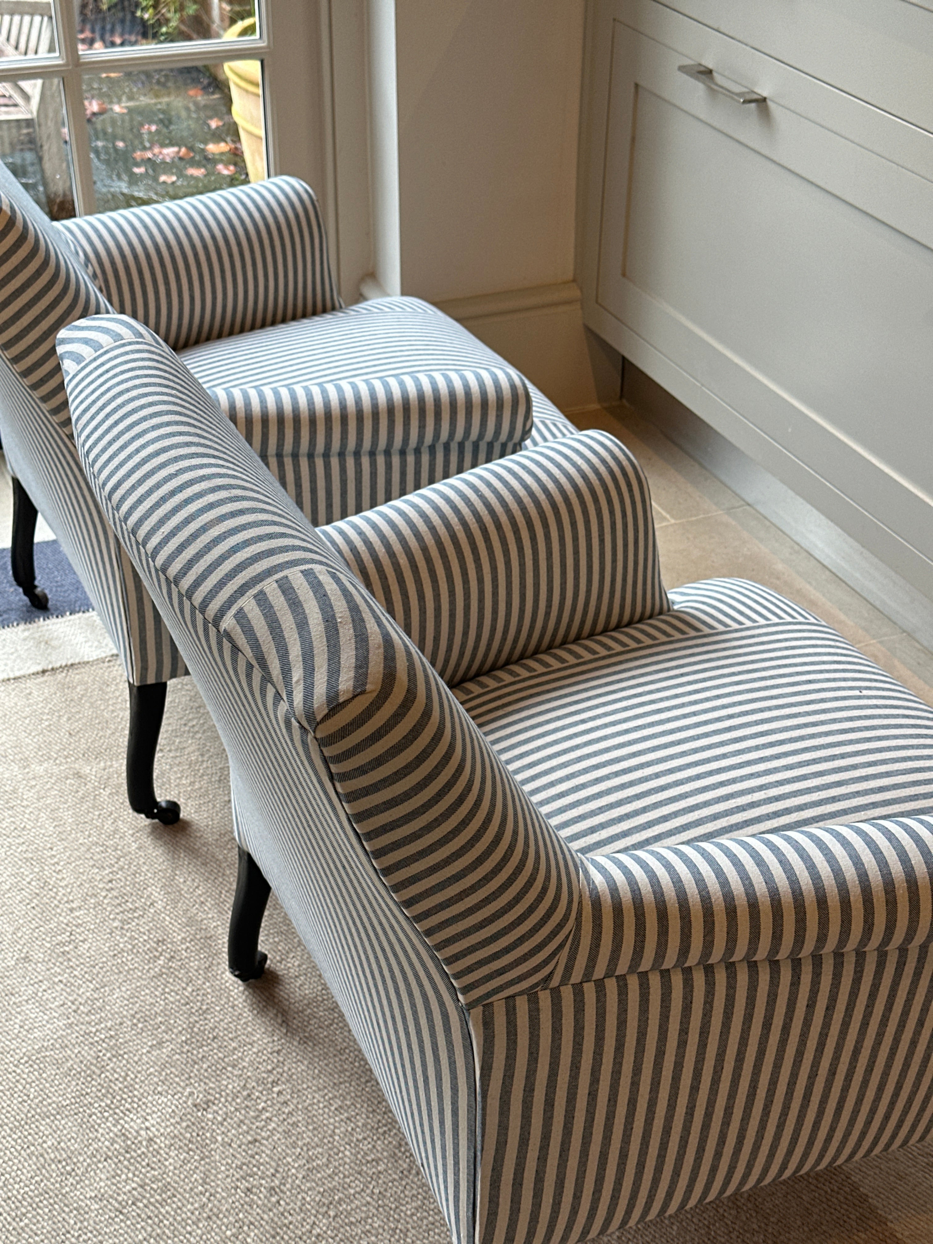 Small Napoleon III Squareback Armchairs in blue ticking