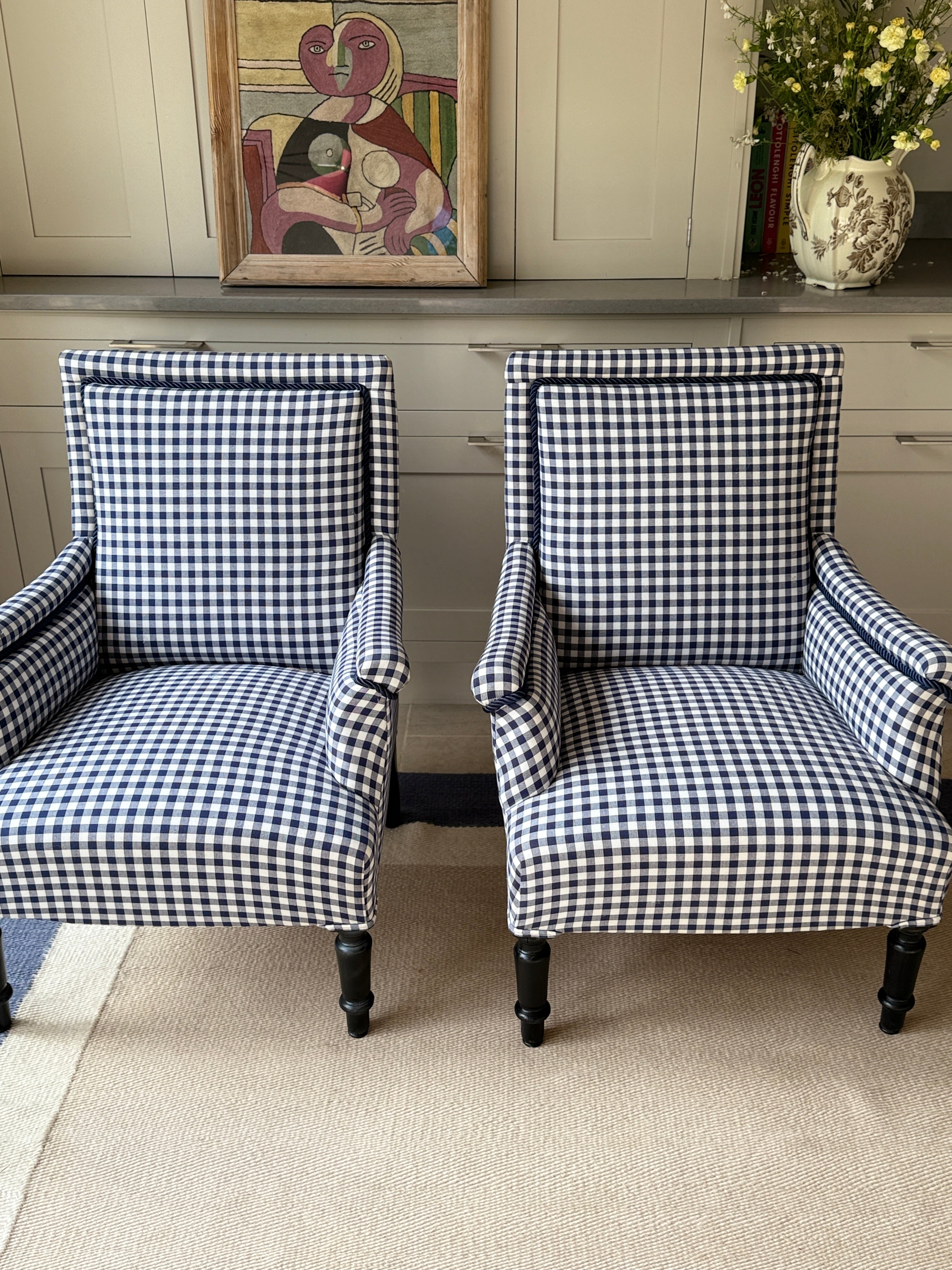 Pair of 19th Century French Armchairs in Navy Gingham