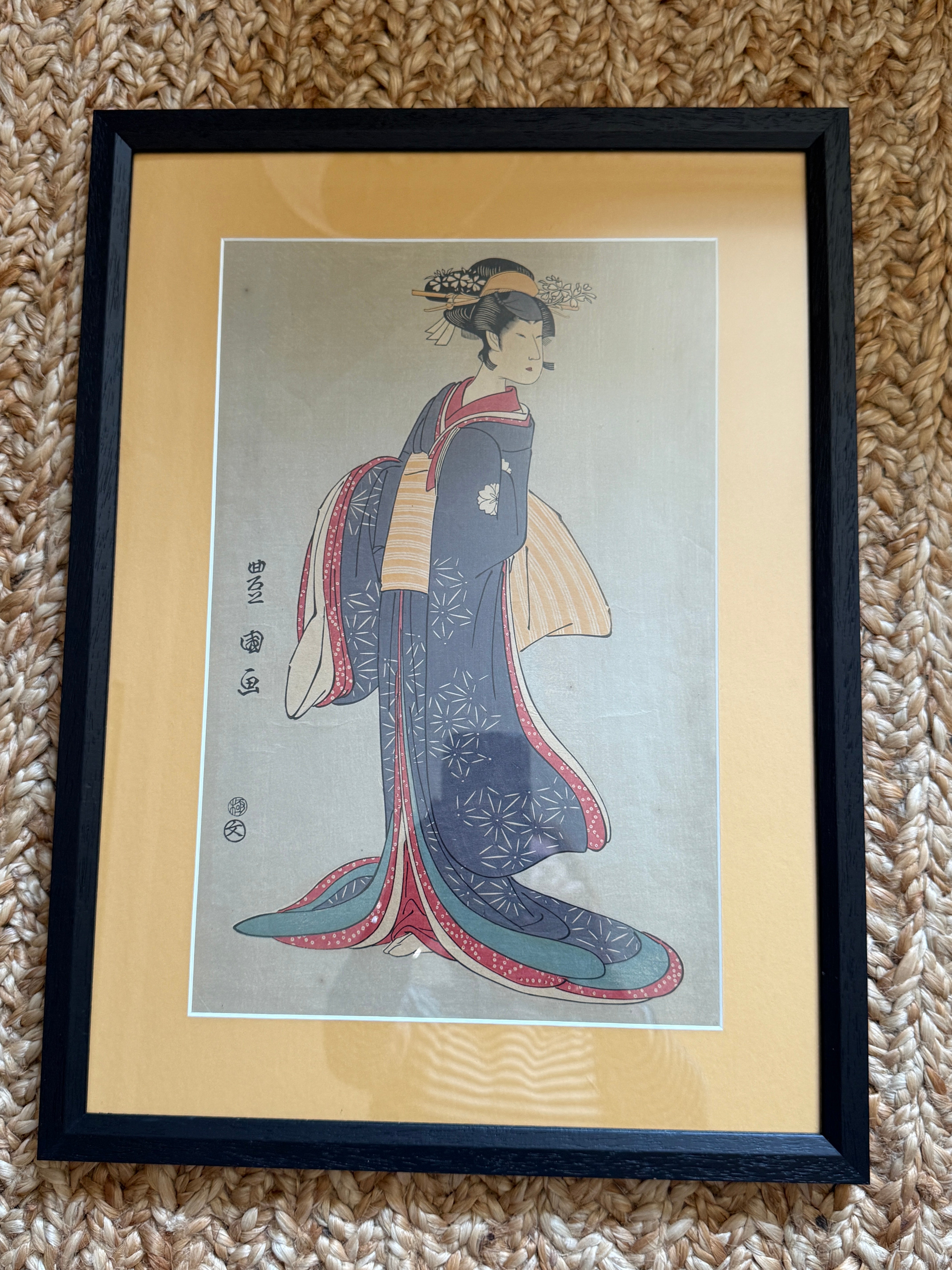 Framed Japanese Woodblock Print of a Bijin, Utagawa School